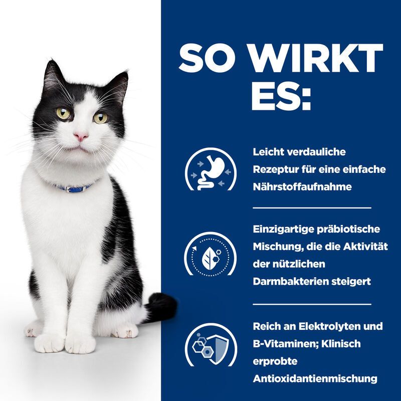 Katze mit Text. "So wirkt es:" und Vorteile. Leicht verdaulich, präbiotisch, reich an Elektrolyten und B-Vitaminen.