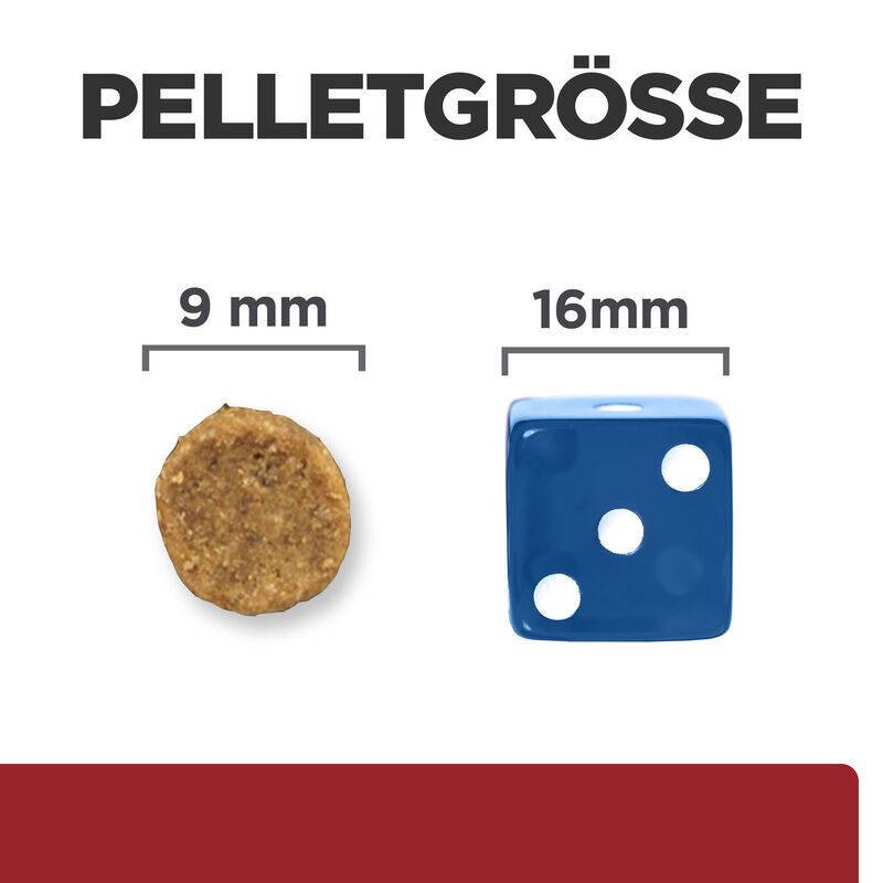 Pelletgröße. Runde Pellets 9 mm, blauer Würfel 16 mm. Größenvergleich für Katzenfutter.