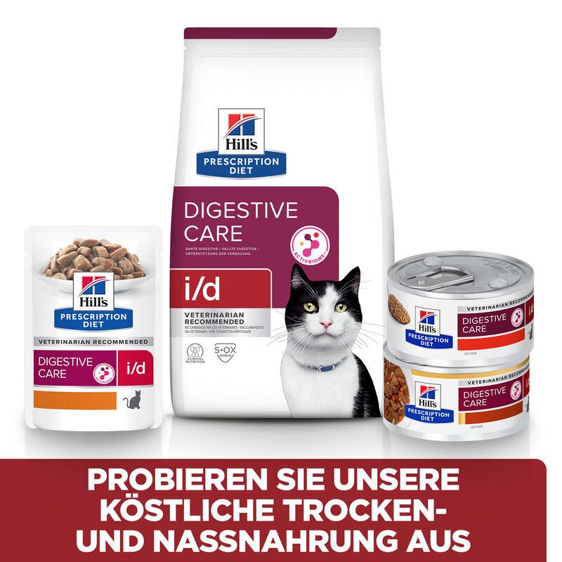 Hill's i/d Katzenfutter. Verschiedene Produkte: Tüte, Beutel, Dosen. "Probieren Sie unsere köstliche Trocken- und Nassnahrung aus".
