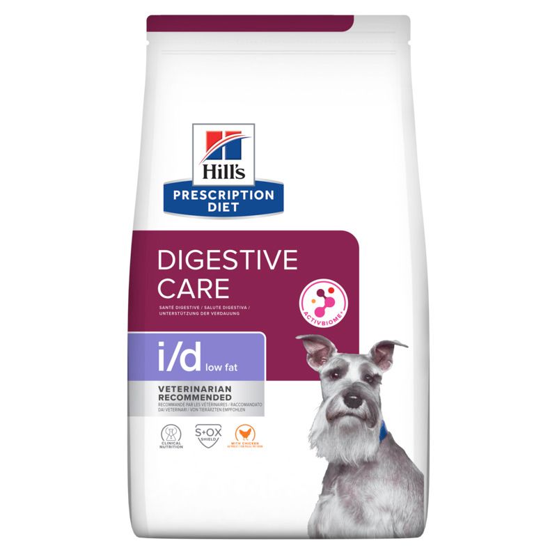 Hundefutterbeutel mit Aufschrift "Hill's Prescription Diet i/d Low Fat". Enthält ein Bild eines Hundes.
