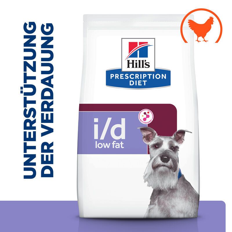 Hundefutterbeutel mit "Hill's Prescription Diet i/d Low Fat". Mit Huhn-Symbol und Text: Unterstützung der Verdauung.