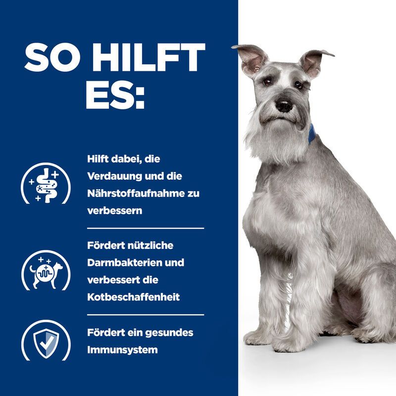 Blauer Hintergrund mit Text und Symbolen. Beschreibt, wie das Futter hilft: Verdauung, Kotbeschaffenheit, Immunsystem.