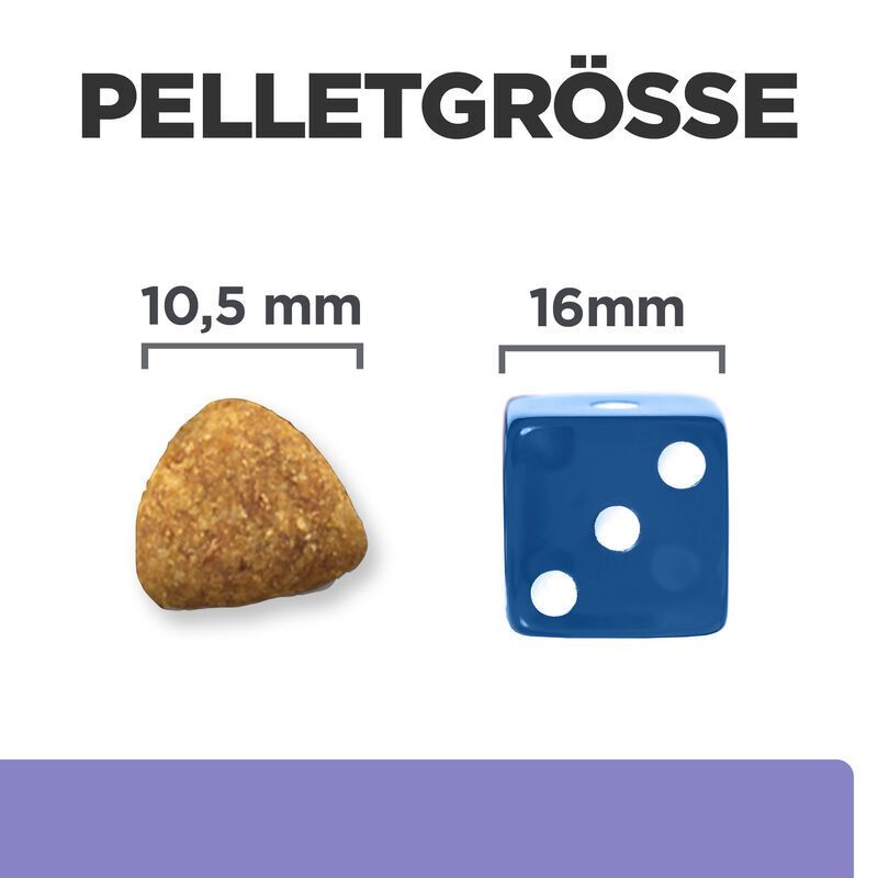 Vergleich der Pelletgrößen: 10,5 mm dreieckig und 16 mm quadratisch, blau.