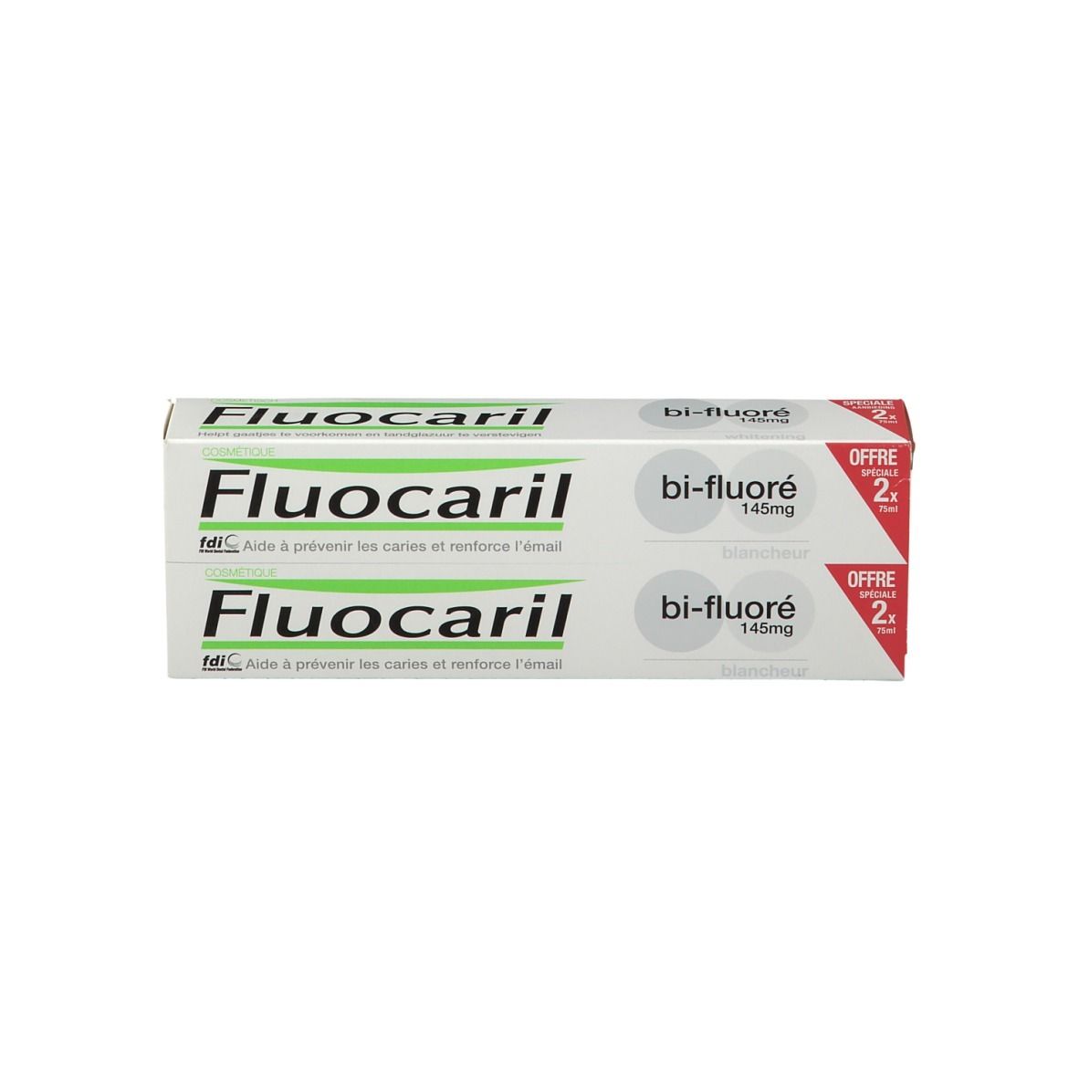 Zwei Schachteln Zahnpasta. Aufschrift: Fluocaril bi-fluoré 145mg.