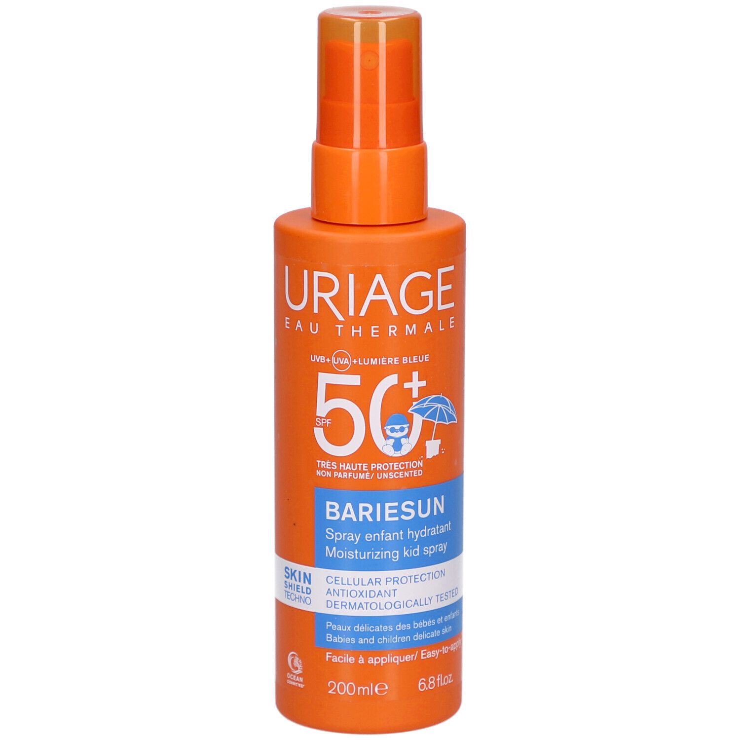 Orangefarbene Sprühflasche mit weißer und blauer Beschriftung. URIAGE BARIÉSUN Kid Spray LSF50+.