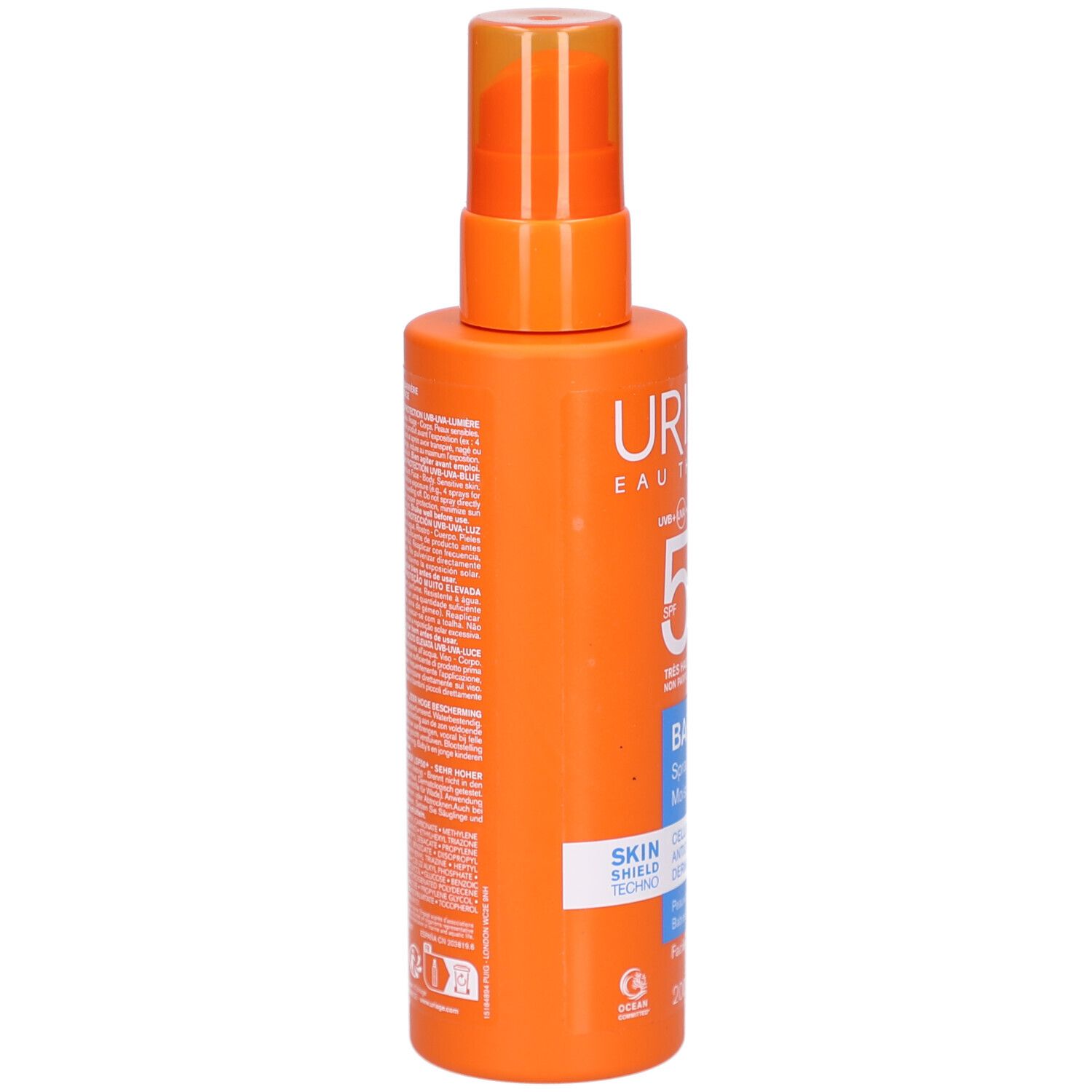 Orangefarbene Sprühflasche mit Text. URIAGE BARIÉSUN Kid Spray LSF50+.