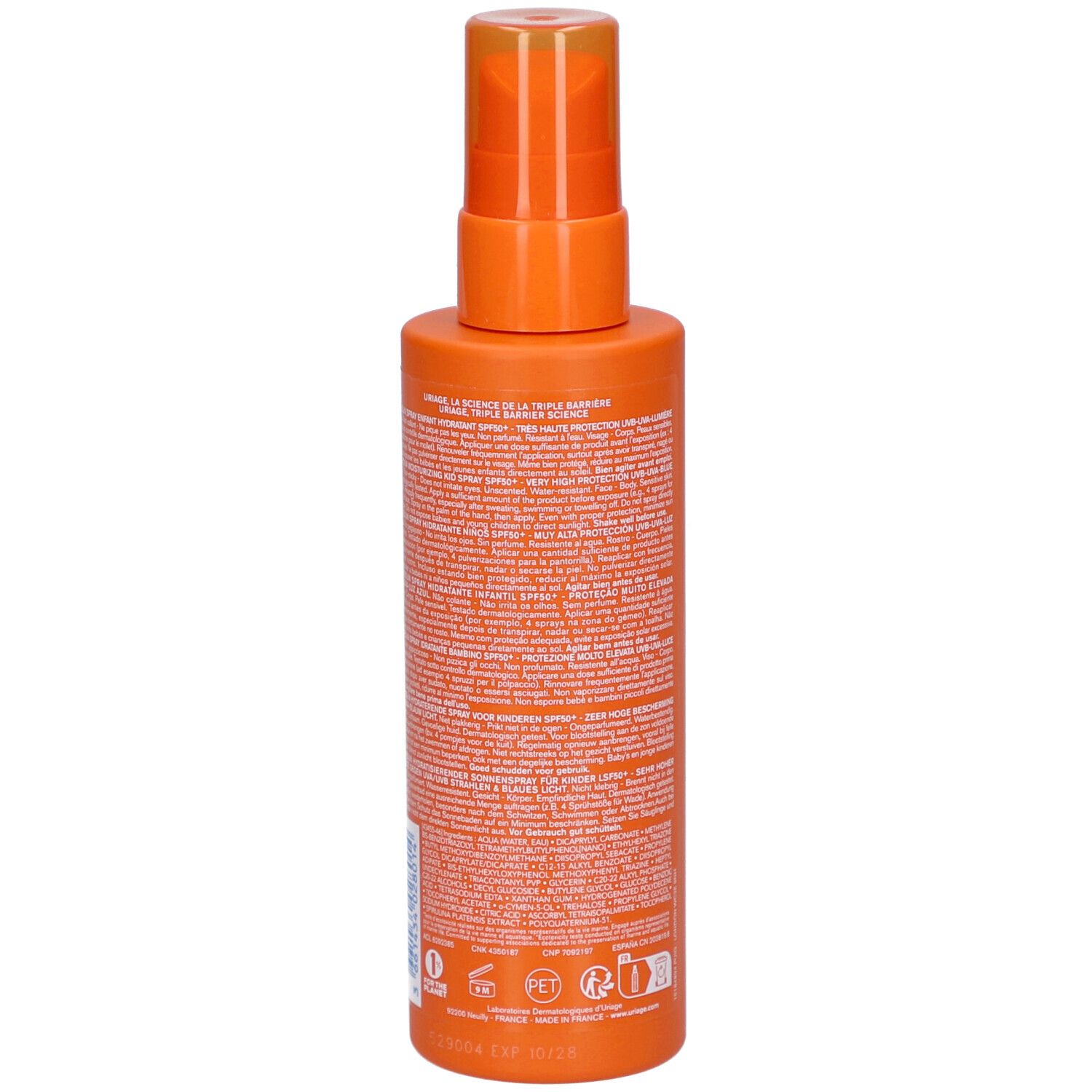 Orangefarbene Sprühflasche mit Text. URIAGE BARIÉSUN Kid Spray LSF50+.