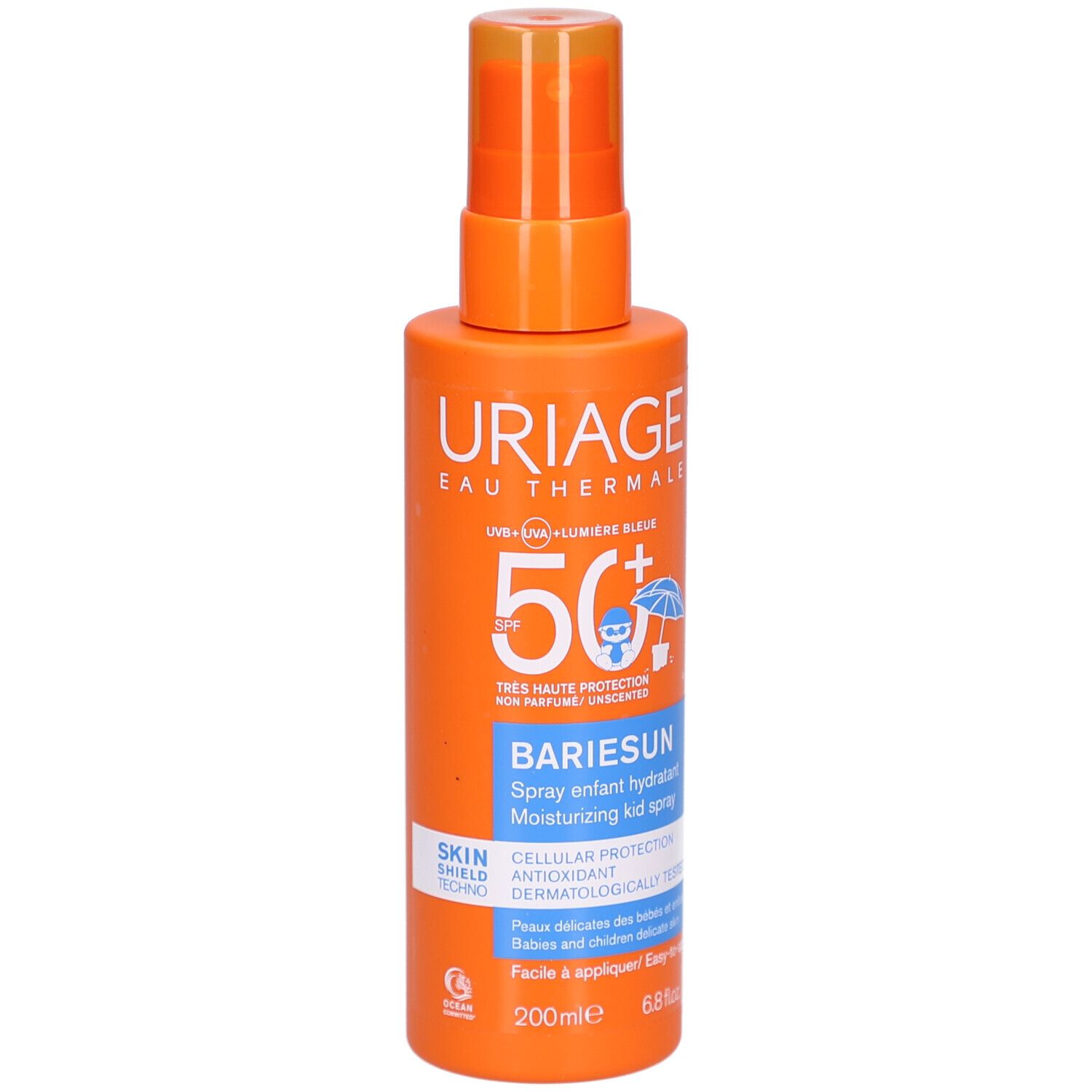 Orangefarbene Sprühflasche mit weißer und blauer Beschriftung. URIAGE BARIÉSUN Kid Spray LSF50+.