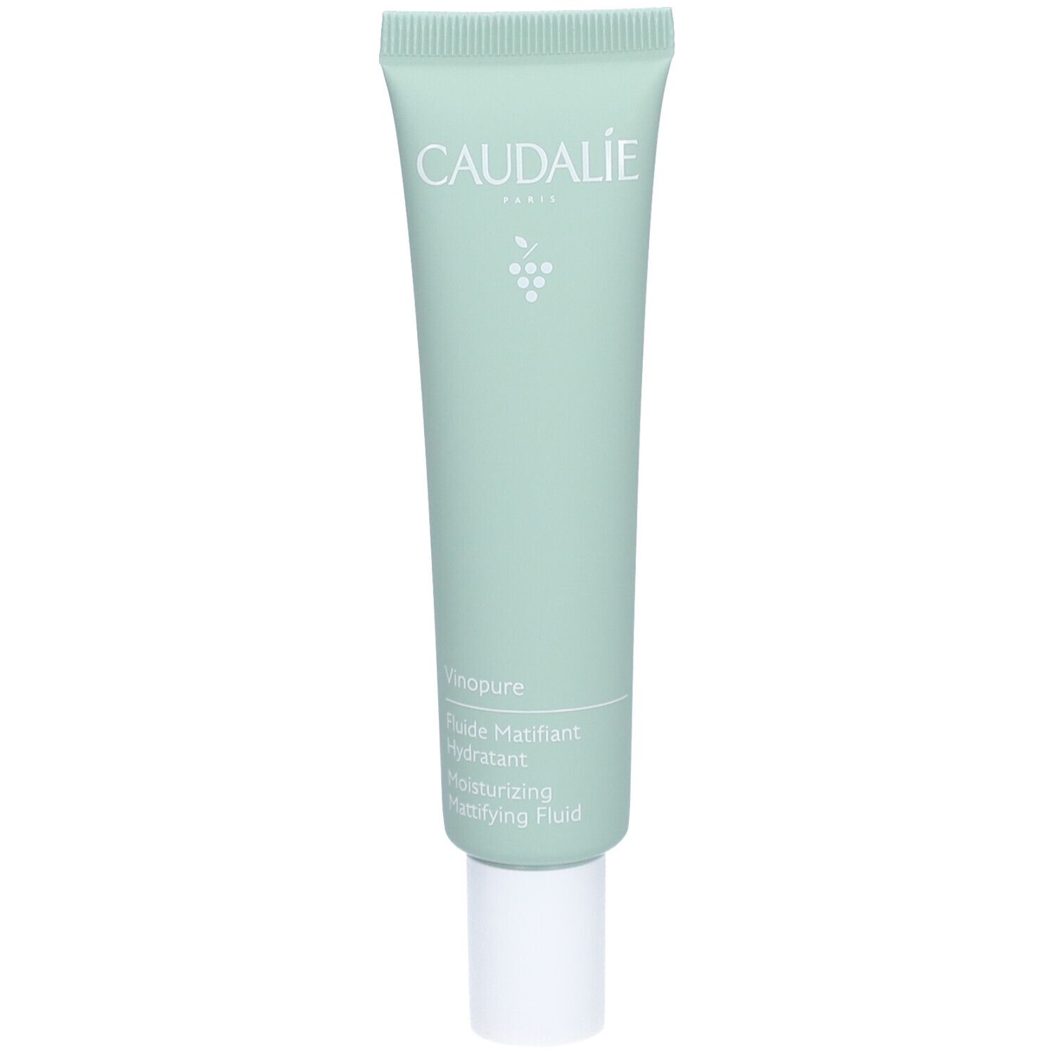Hellgrüne Tube mit weißem Verschluss. Oben steht CAUDALIE. Darunter Vinopure, Fluide Matifiant Hydratant, Moisturizing Mattifying Fluid.
