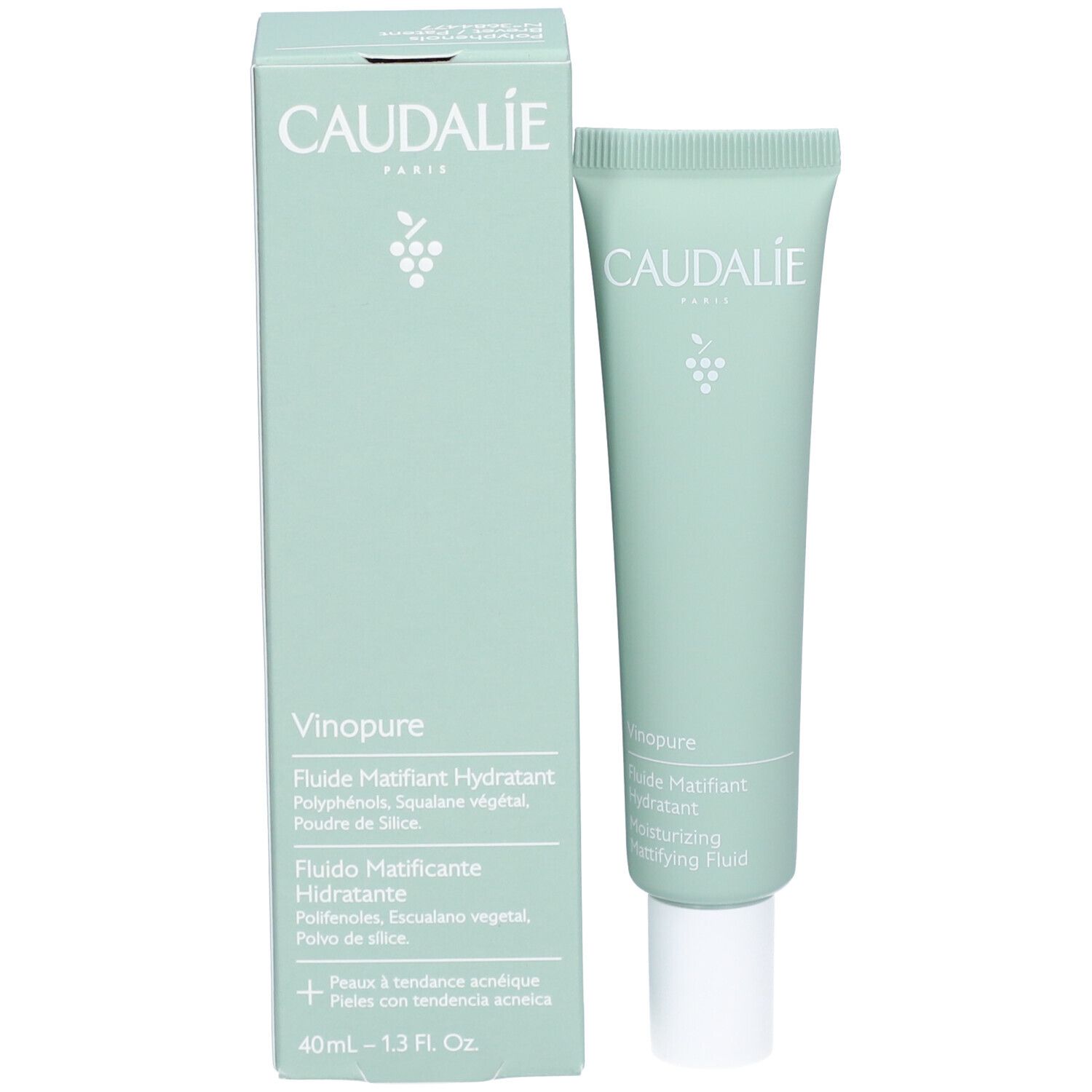 Hellgrüne Tube und Schachtel. Auf der Schachtel: CAUDALIE, Vinopure, Fluide Matifiant Hydratant. Auf der Tube: CAUDALIE, Vinopure.