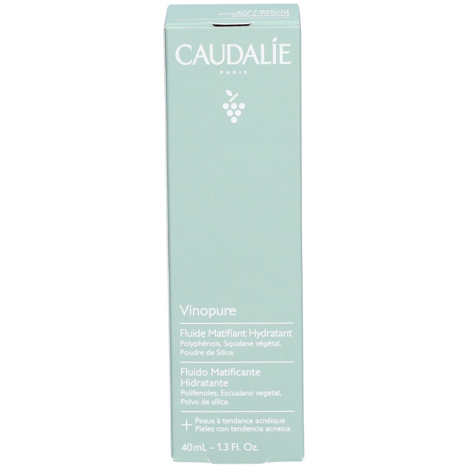 Hellgrüne Schachtel mit CAUDALIE-Logo und Produktnamen: Vinopure, Fluide Matifiant Hydratant. 40ml - 1.3 Fl. Oz.