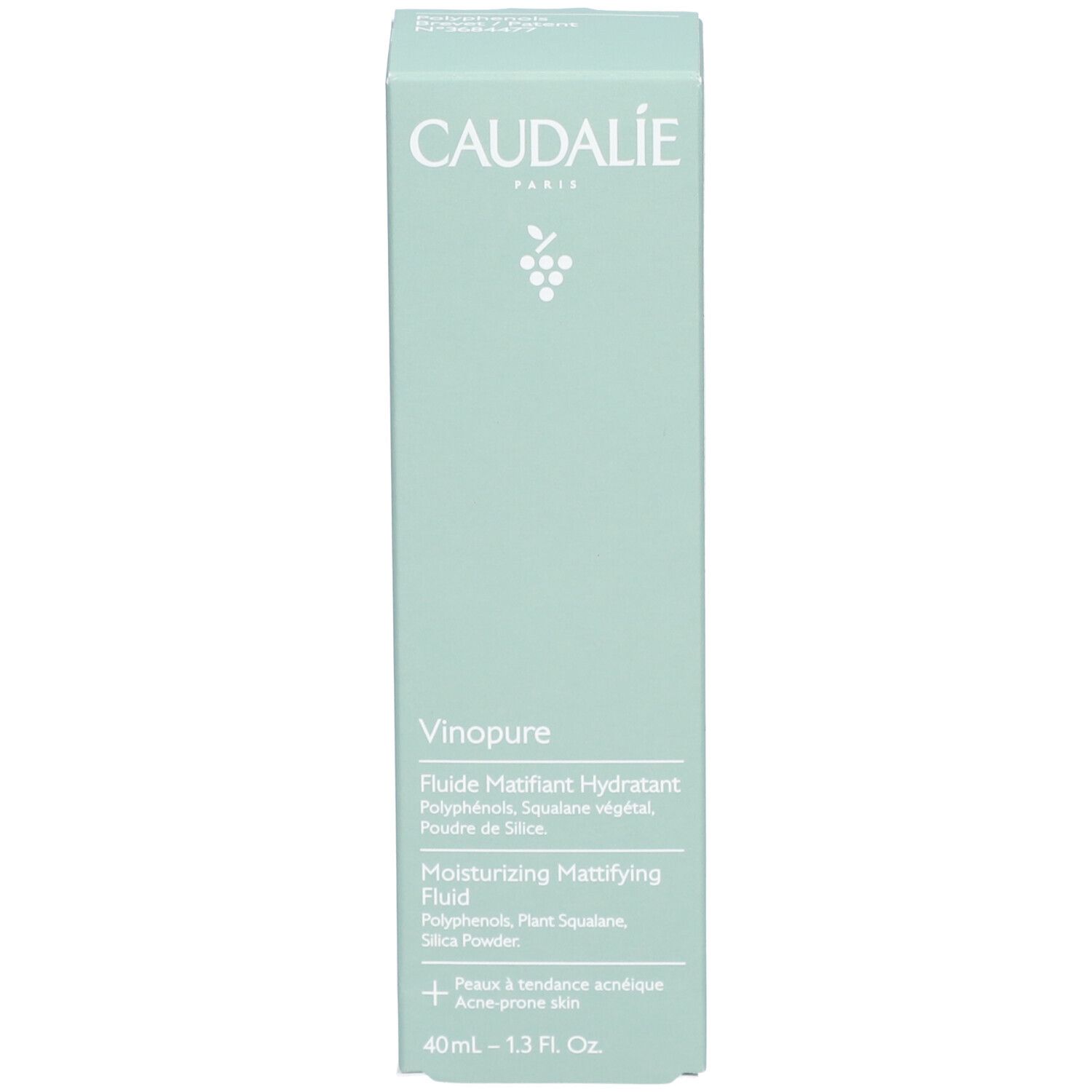 Hellgrüne Schachtel mit CAUDALIE-Logo und Produktnamen: Vinopure, Fluide Matifiant Hydratant. 40ml - 1.3 Fl. Oz. Für Akne-anfällige Haut.