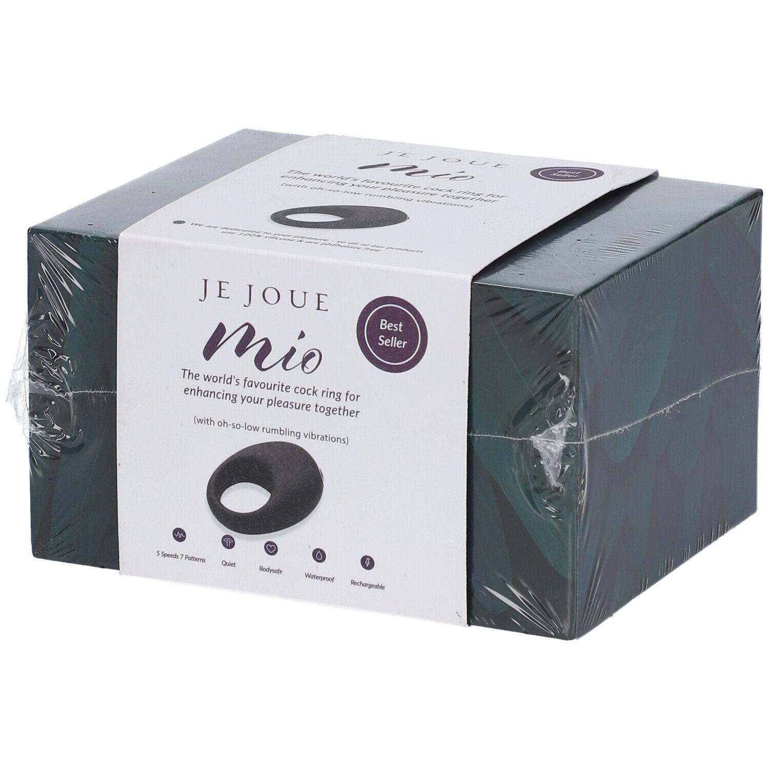 Verpackung für den Je Joue Mio Cock Ring mit Abbildung des Rings und Produktmerkmalen.