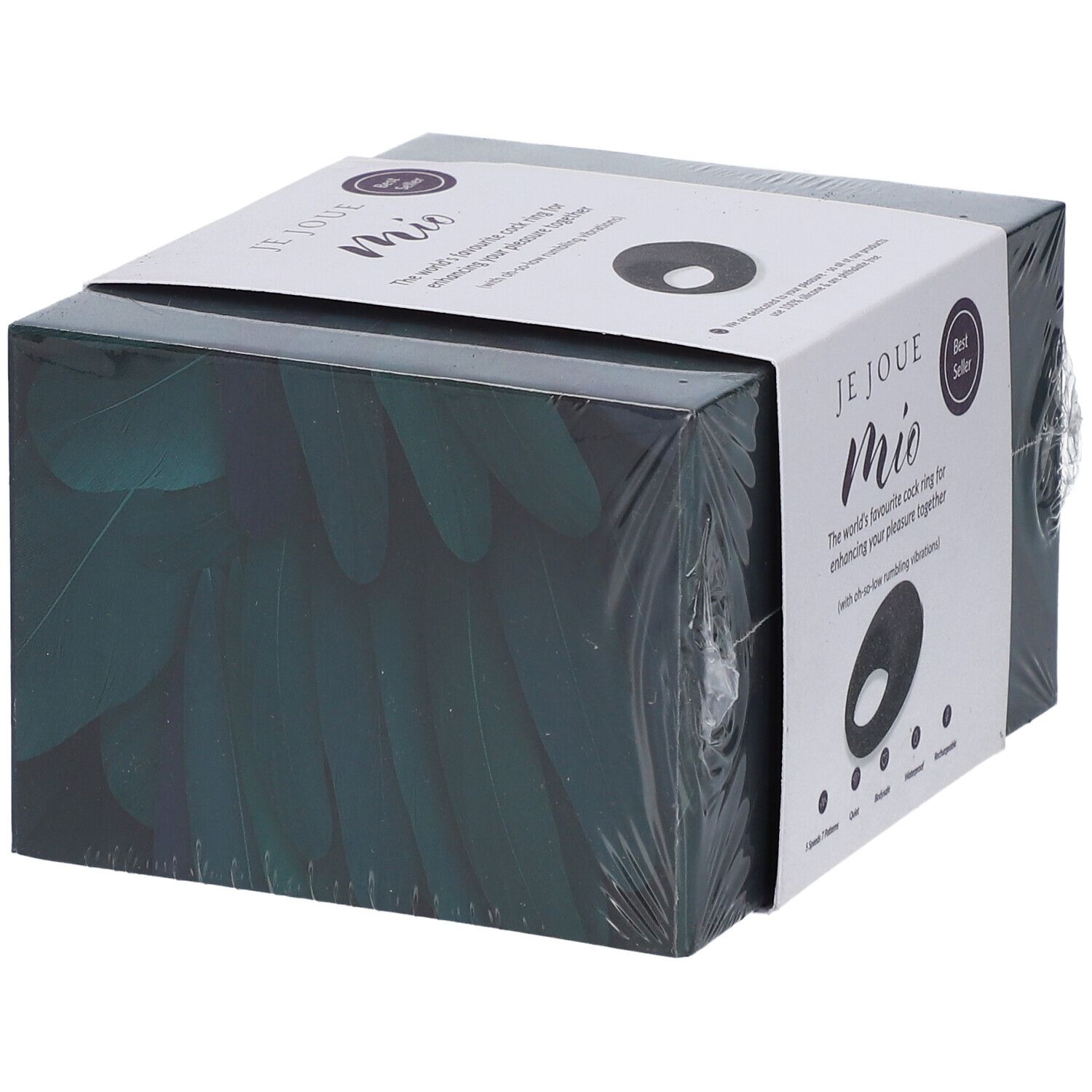 Verpackung für ein Produkt mit Feder-Design und Text 'JE JOUE Mio'.