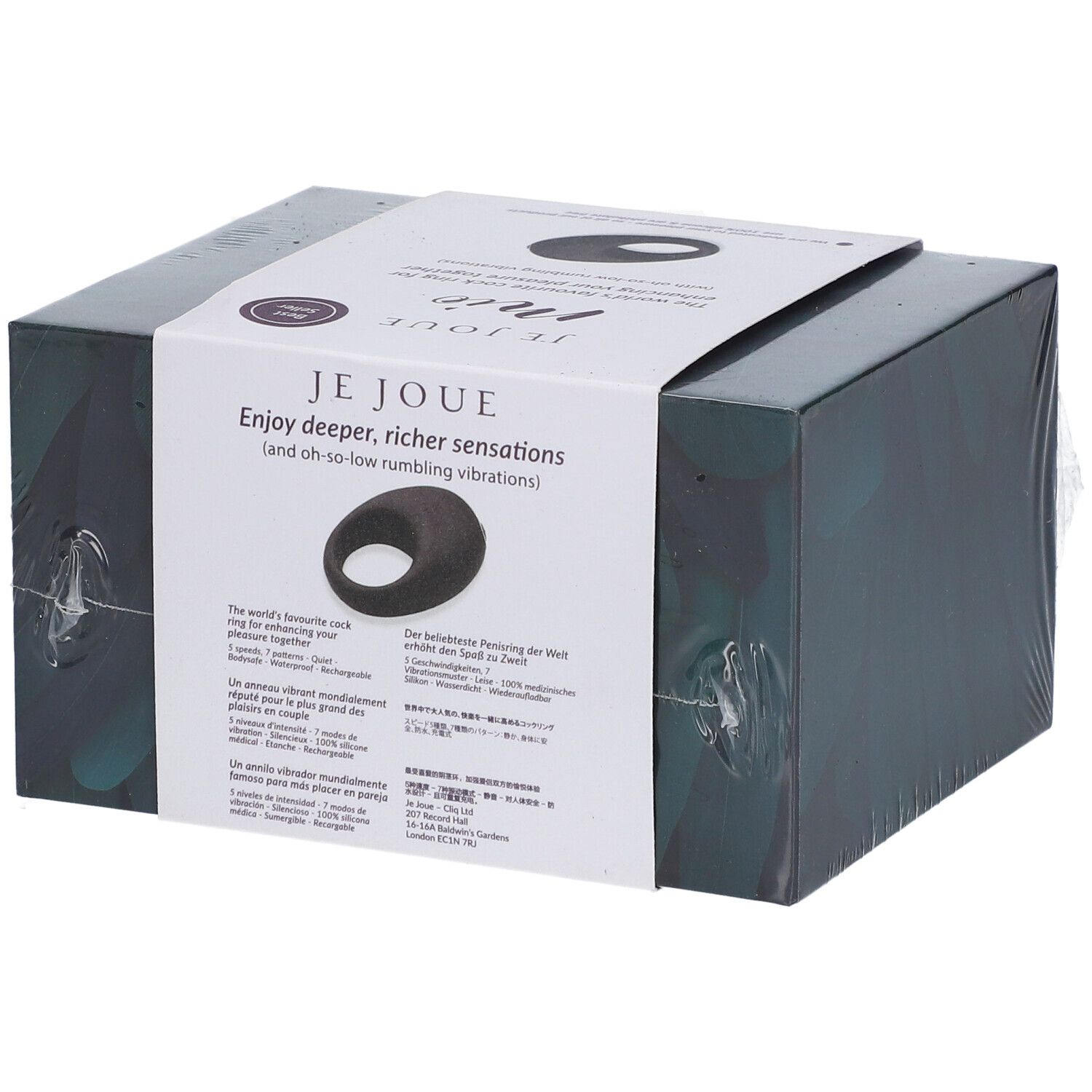 Verpackung eines schwarzen Vibrationsrings mit der Aufschrift 'JE JOUE'.