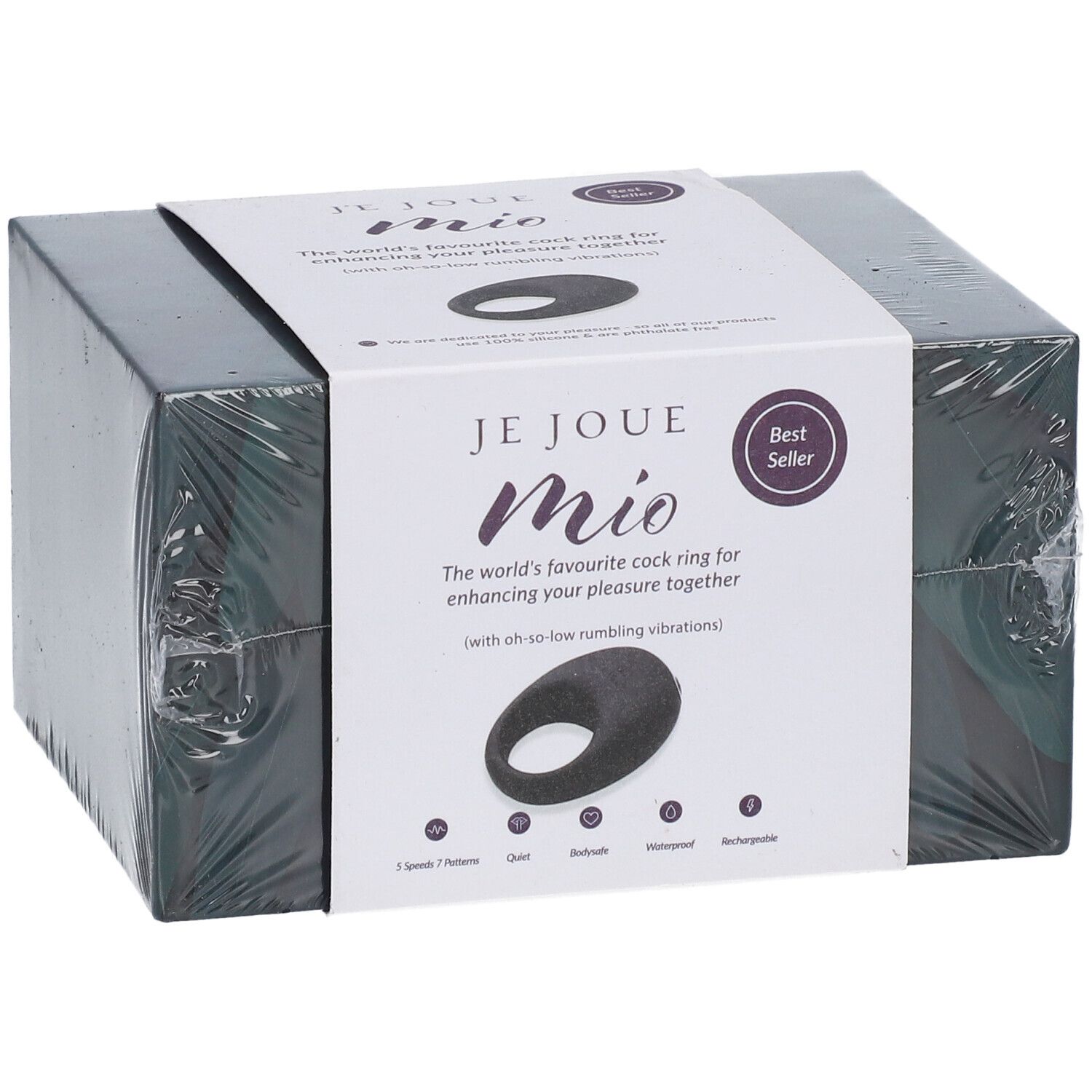 Verpackung eines schwarzen Vibrations-Cockrings mit der Aufschrift 'JE JOUE Mio'.