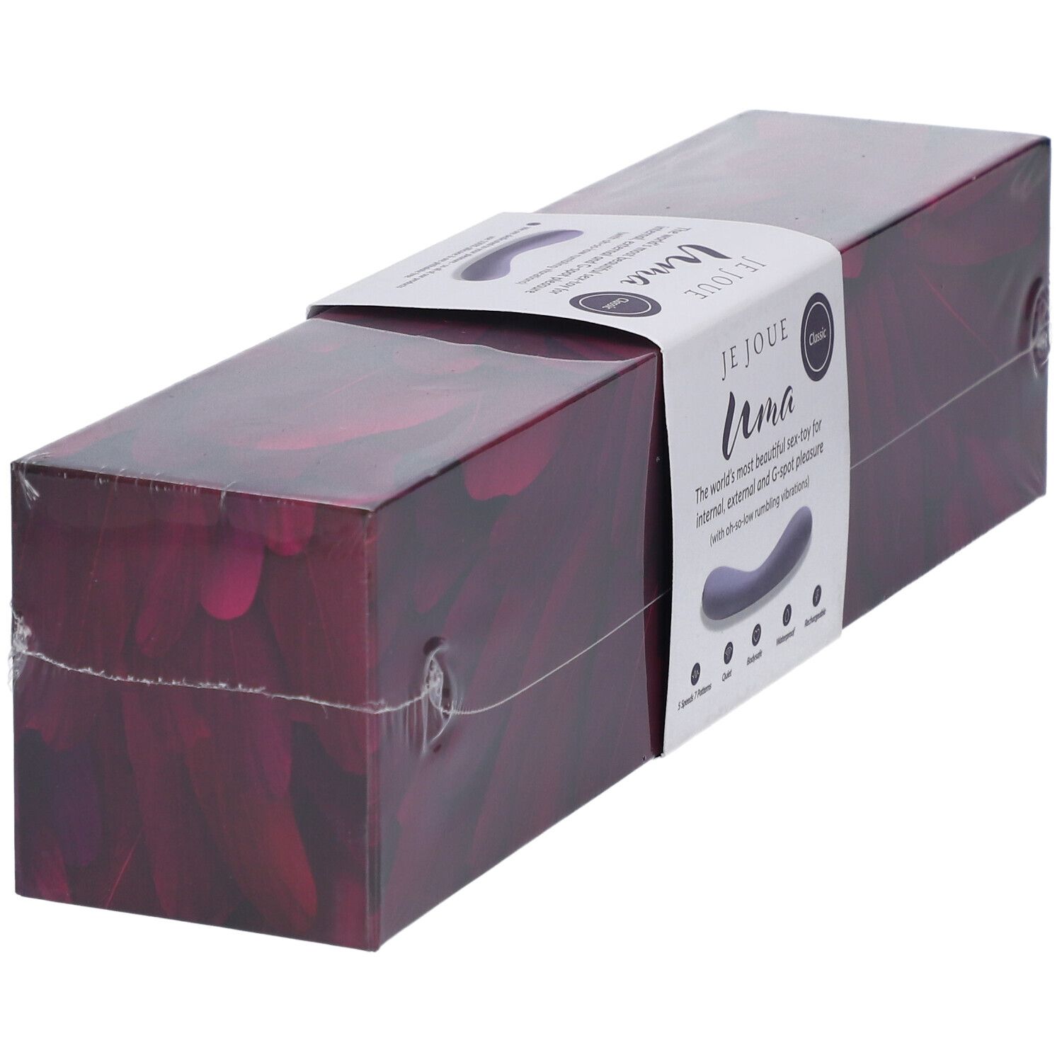 Verpackung des Je Joue Uma Contoured Internal Vibrator. Violett, rechteckig, mit Produktetikett.