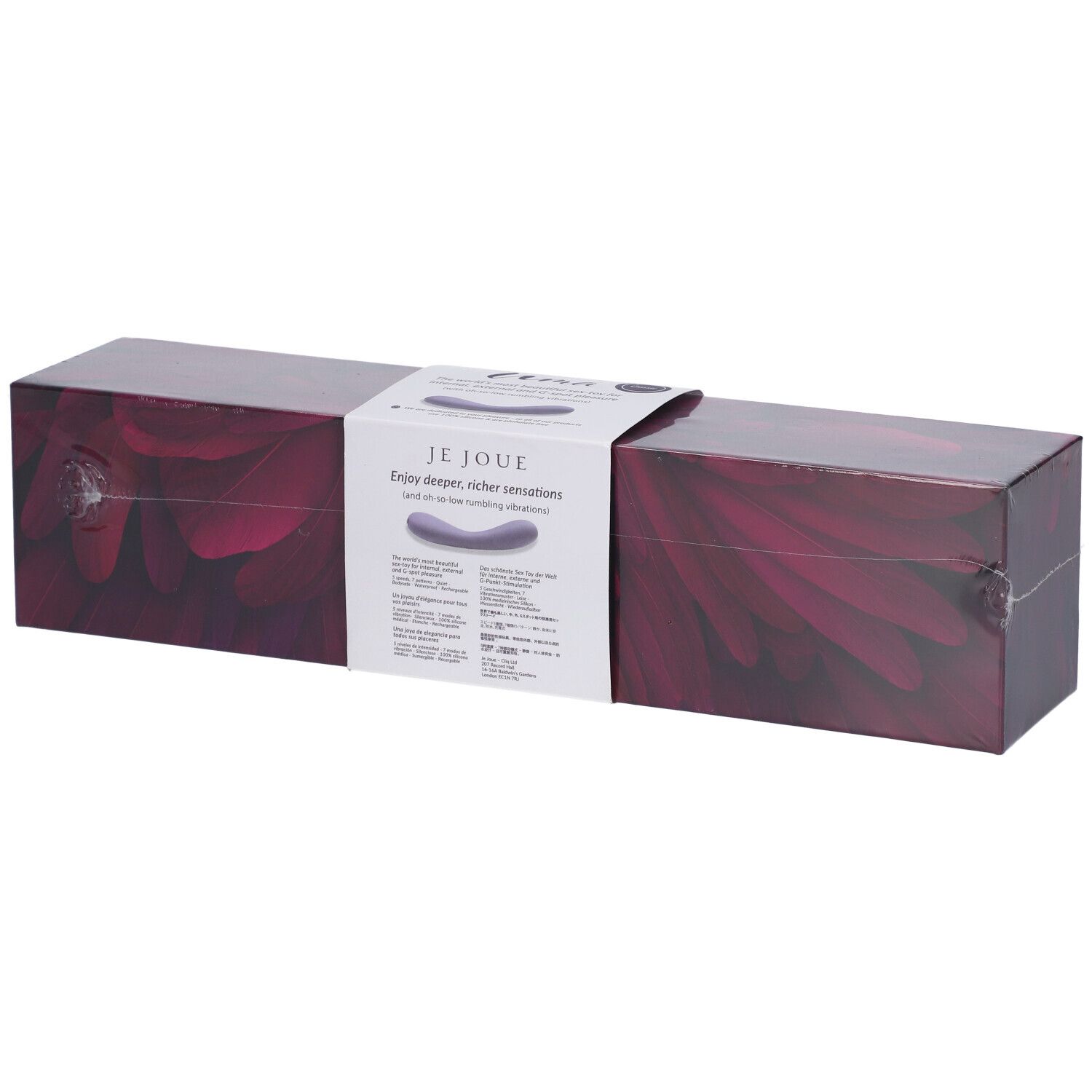 Verpackung des Je Joue Uma Contoured Internal Vibrator. Violett, rechteckig, mit Produktinformationen.