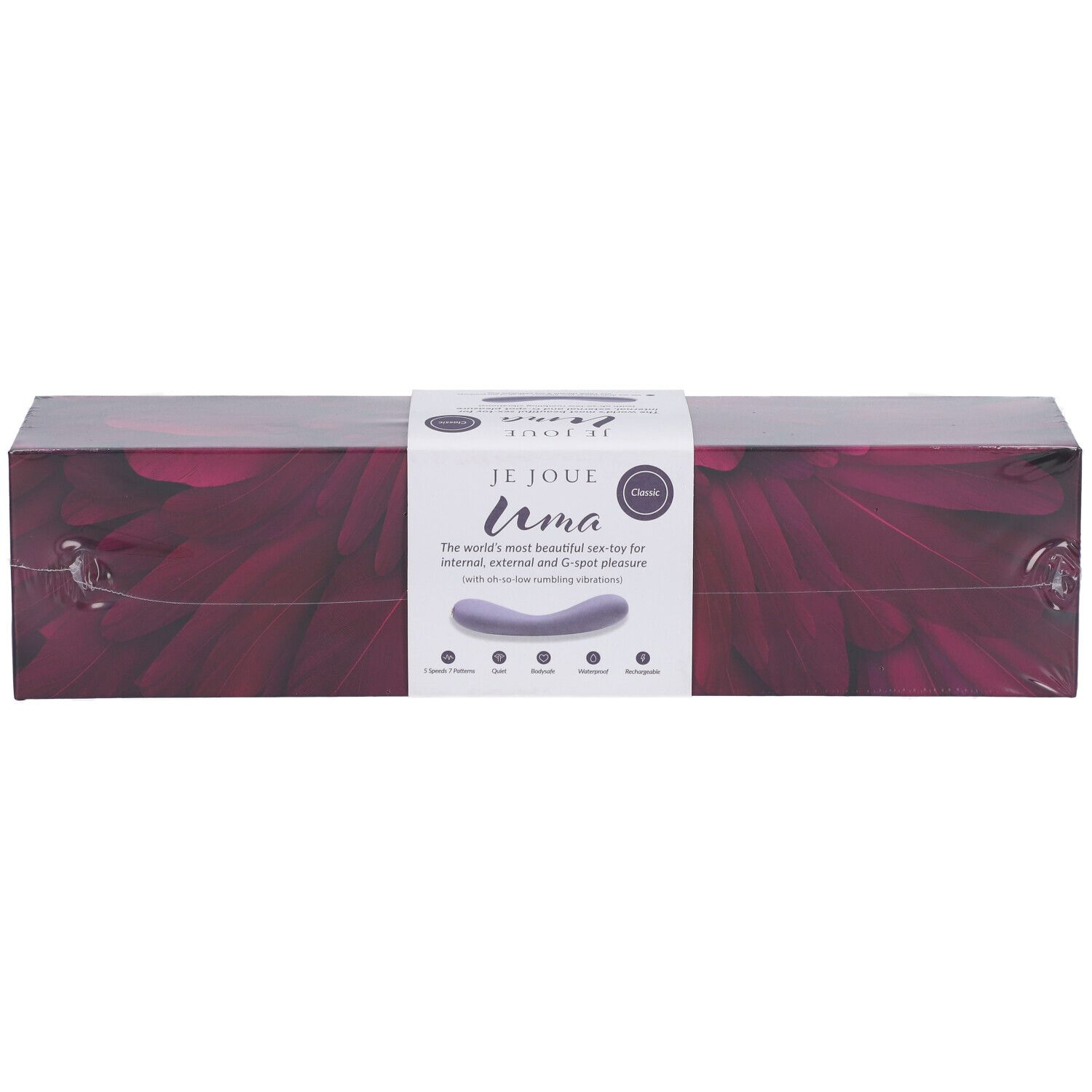 Verpackung des Je Joue Uma Contoured Internal Vibrator. Violett, rechteckig, mit Produktinformationen.