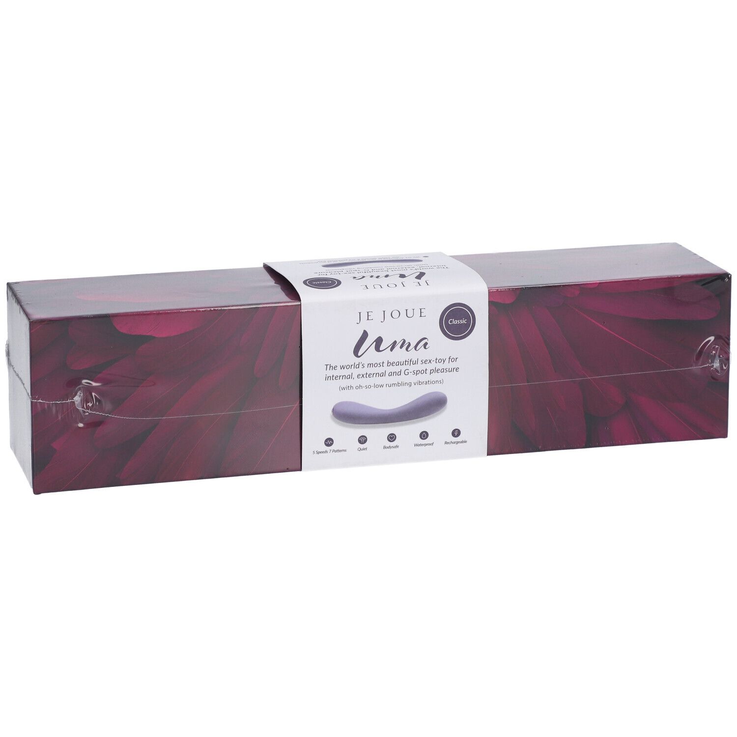 Verpackung des Je Joue Uma Contoured Internal Vibrator. Violett, rechteckig, mit Produktinformationen.