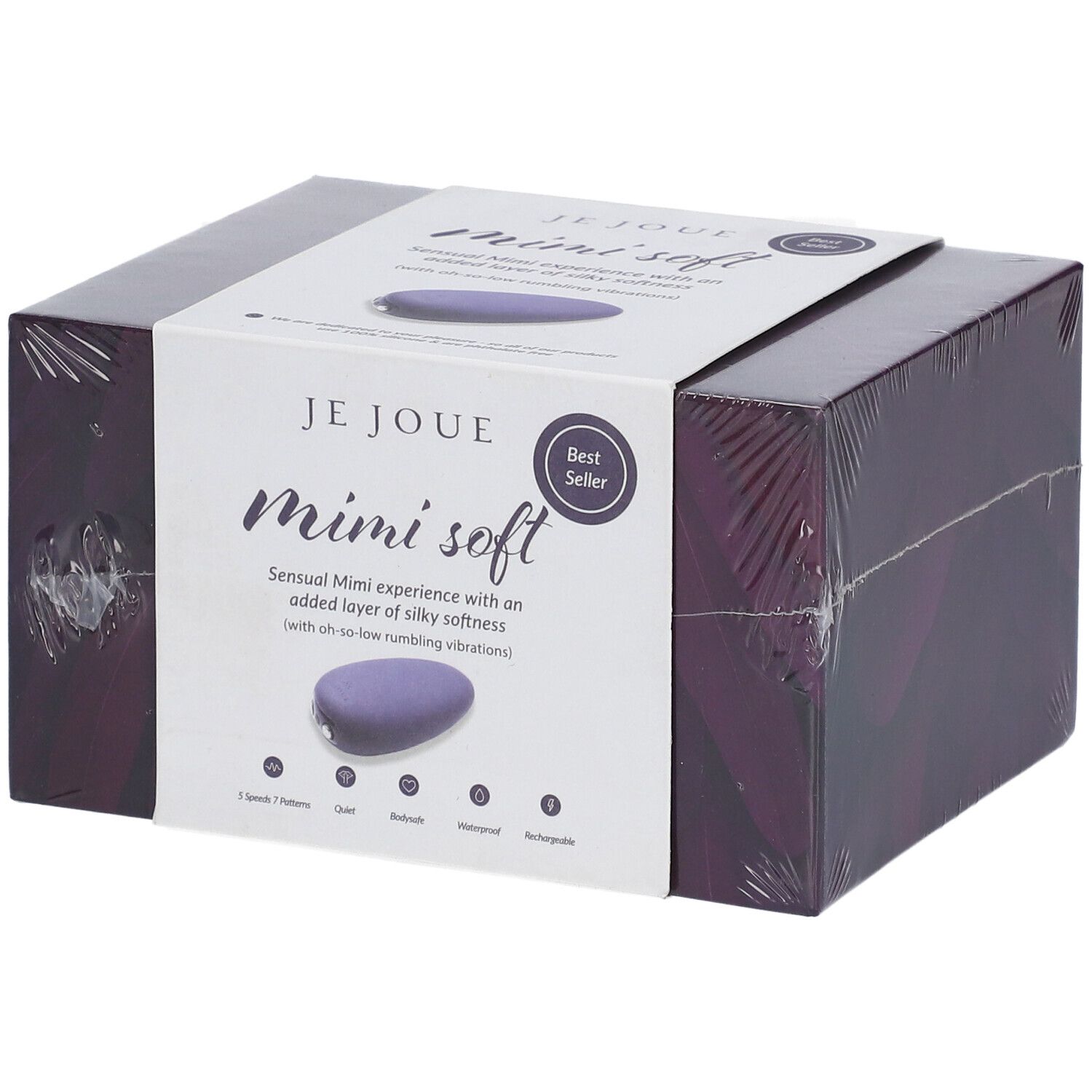 Verpackung mit Produkt. Aufschrift: Je Joue Mimi soft. Lila Stimulator. Best Seller.