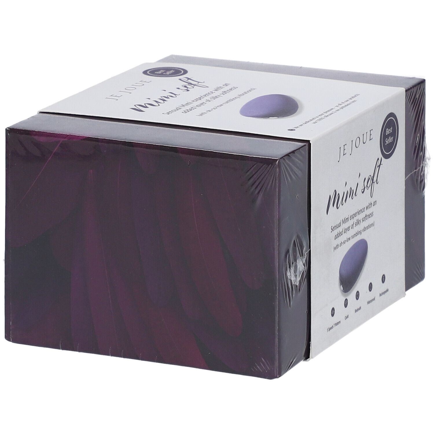 Verpackung mit Produkt. Aufschrift: Je Joue Mimi soft. Lila Stimulator.