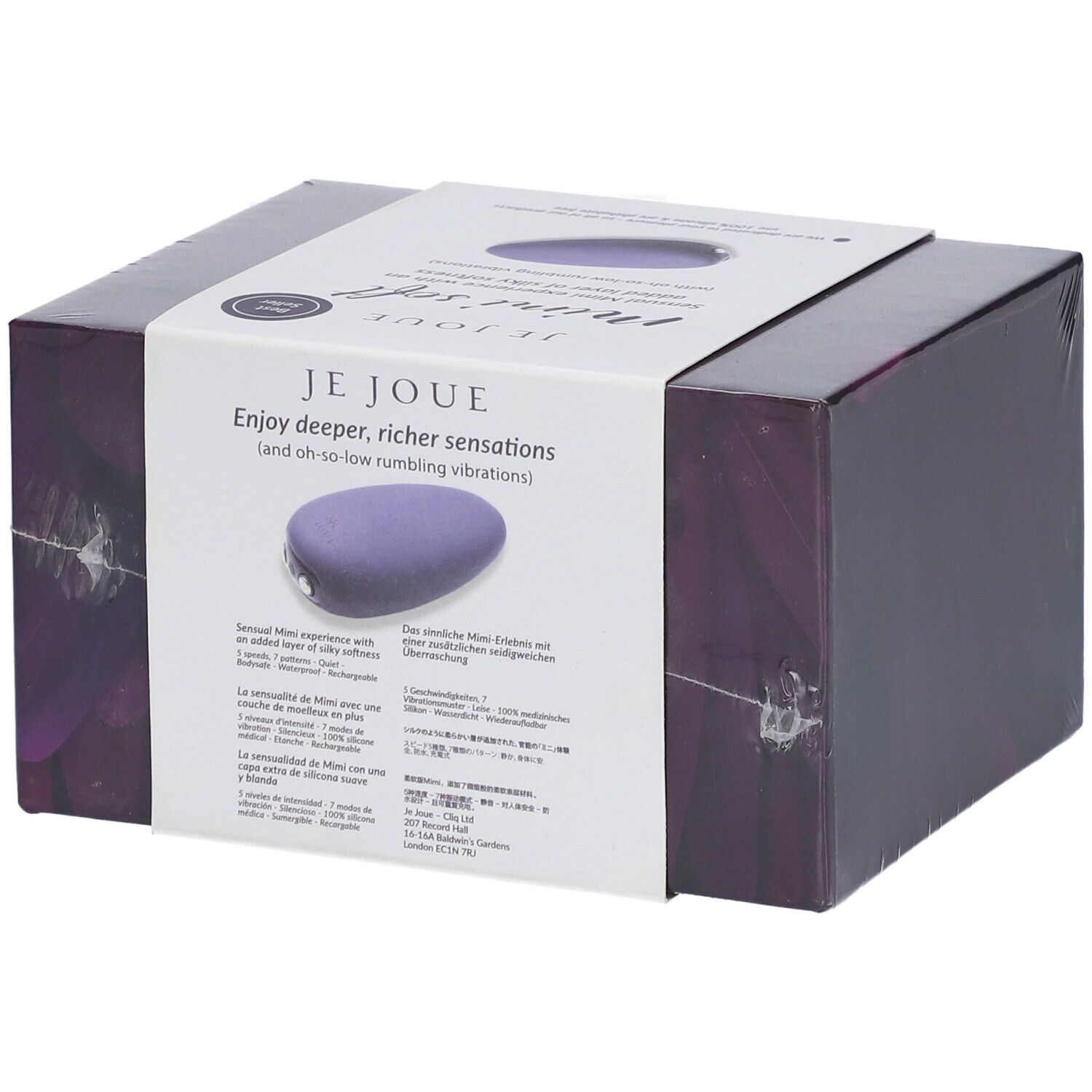 Verpackung mit Produkt. Aufschrift: Je Joue Mimi soft. Lila Stimulator.