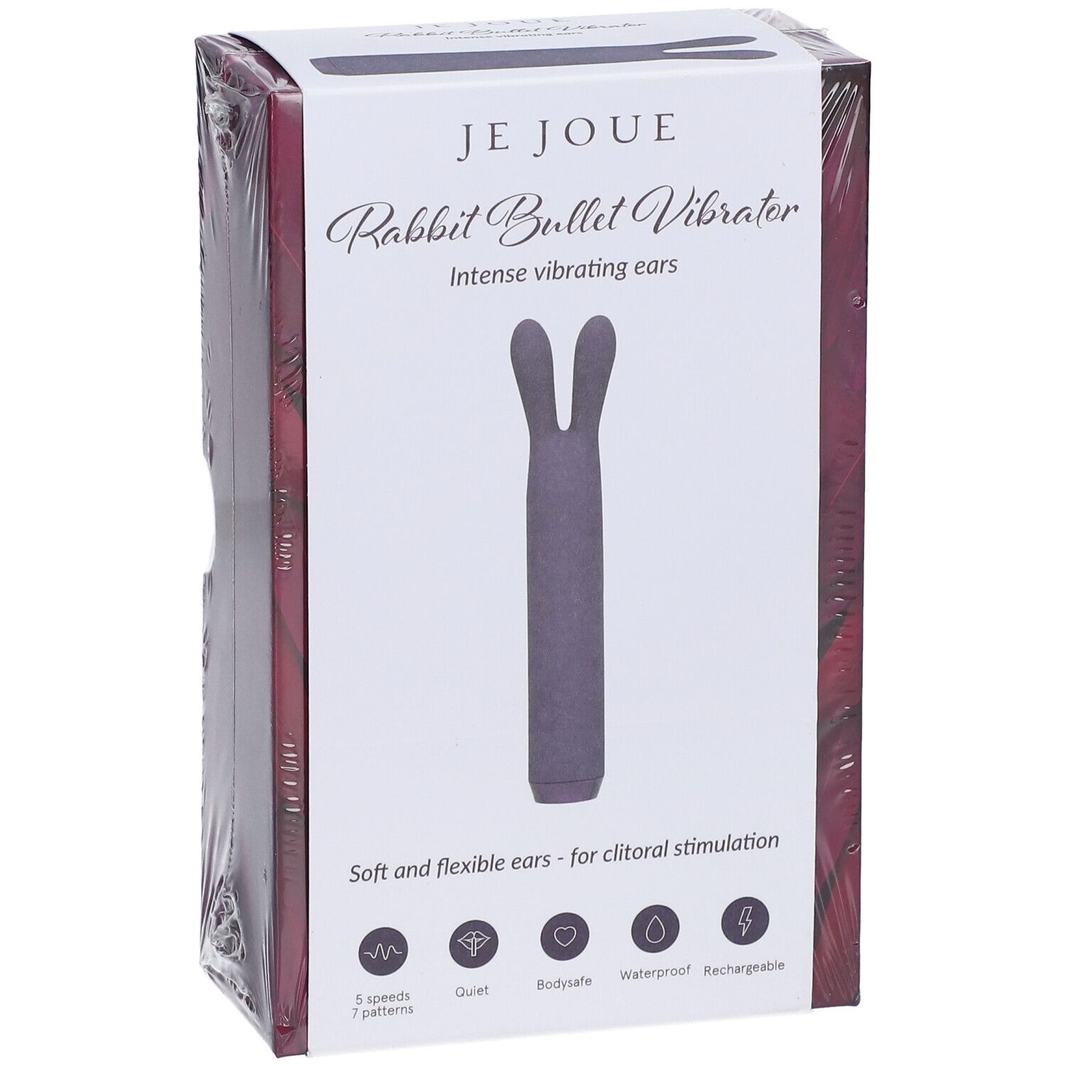 Verpackung eines lila Hasen-Bullet-Vibrators mit 5 Geschwindigkeiten, leise, körperverträglich, wasserdicht und wiederaufladbar.