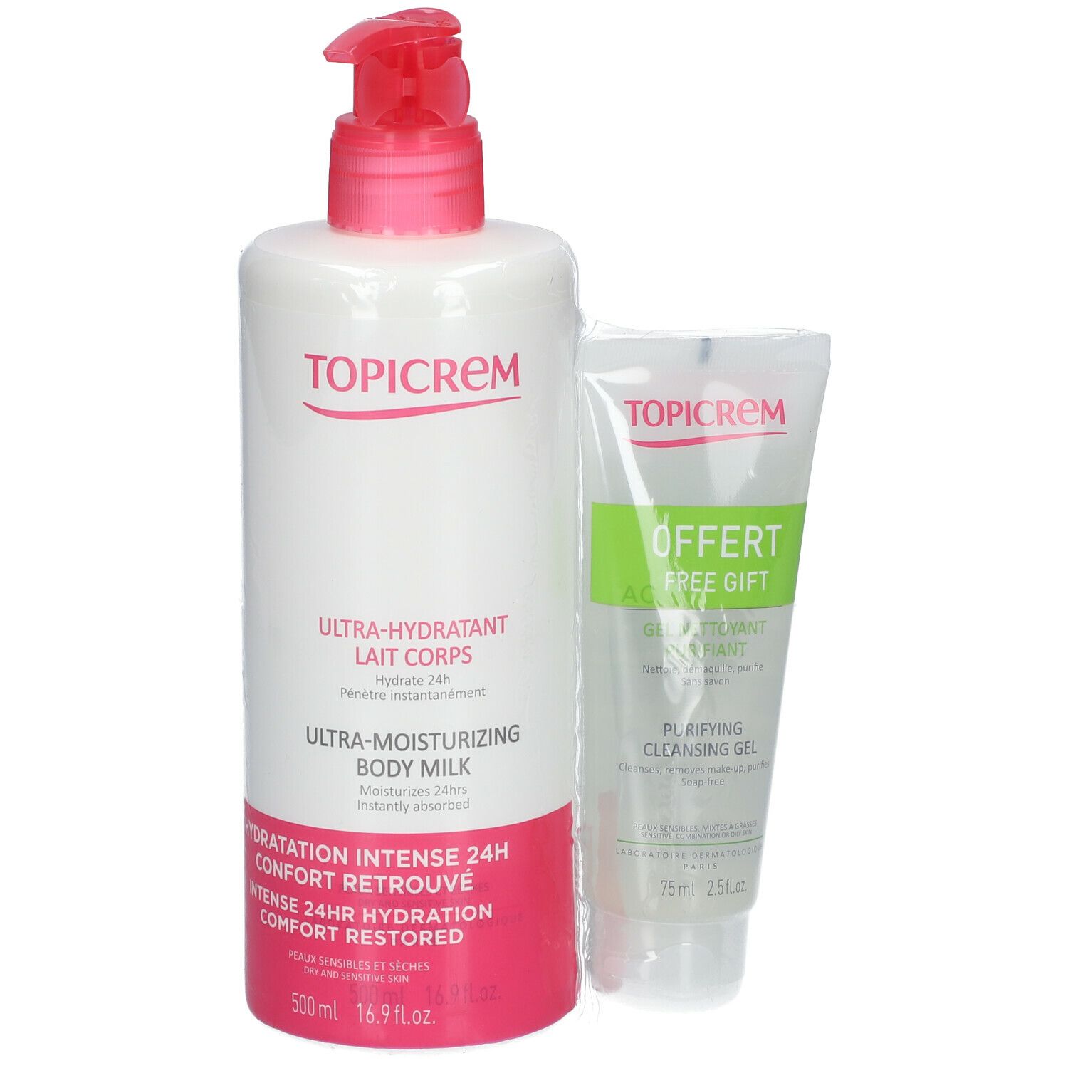 Weißes Fläschchen mit rotem Pumpverschluss und Tube. Aufschrift: Topicrem, Ultra-Hydratant Lait Corps, Ultra-Moisturizing Body Milk, GRATIS.