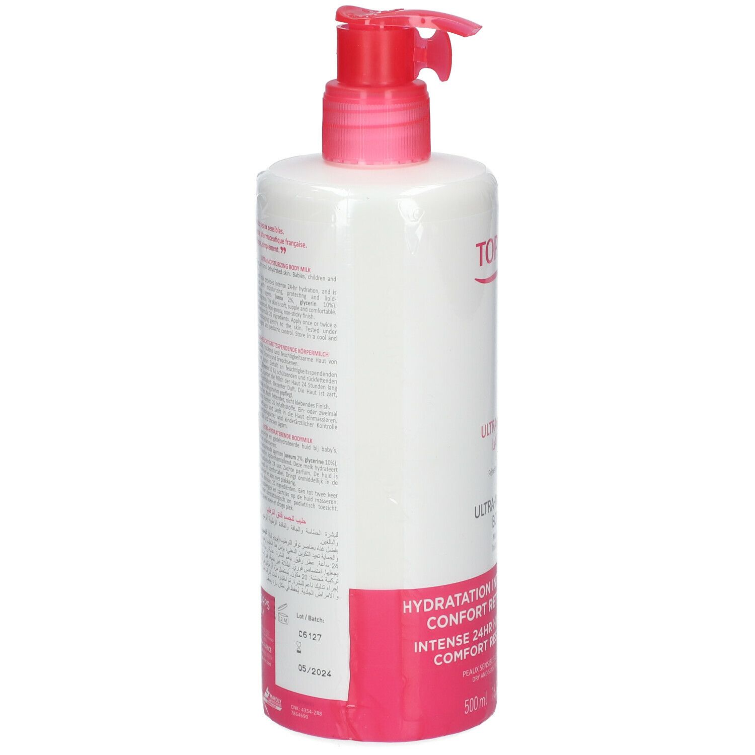 Rückseite eines weißen Fläschchens mit rotem Pumpverschluss. Aufschrift: Topicrem, Ultra-Hydratant Lait Corps, Ultra-Moisturizing Body Milk. Text.