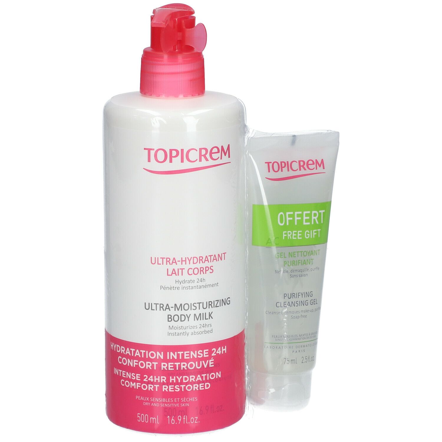 Weißes Fläschchen mit rotem Pumpverschluss und Tube. Aufschrift: Topicrem, Ultra-Hydratant Lait Corps, Ultra-Moisturizing Body Milk, GRATIS.