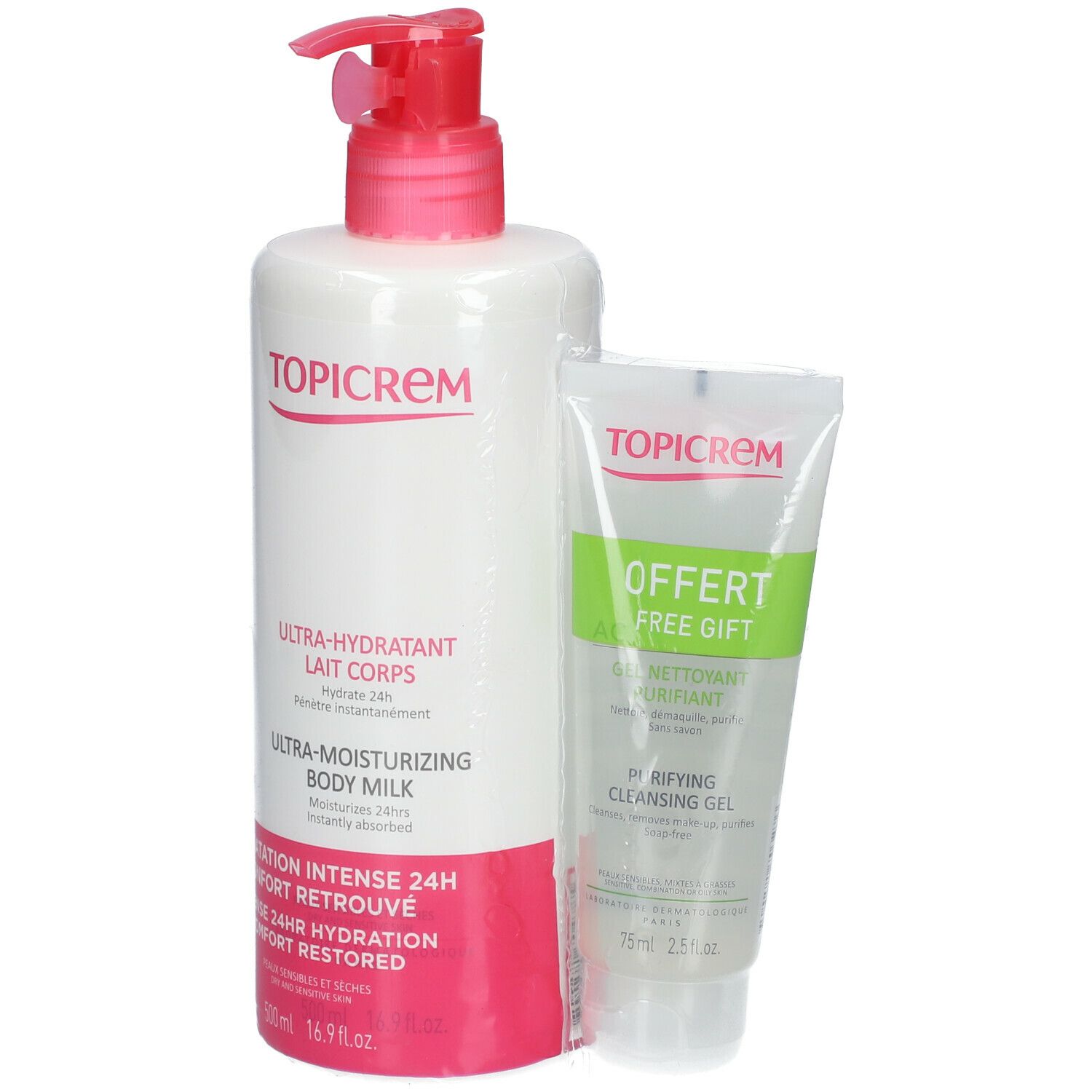 Weißes Fläschchen mit rotem Pumpverschluss und Tube. Aufschrift: Topicrem, Ultra-Hydratant Lait Corps, Ultra-Moisturizing Body Milk, GRATIS.