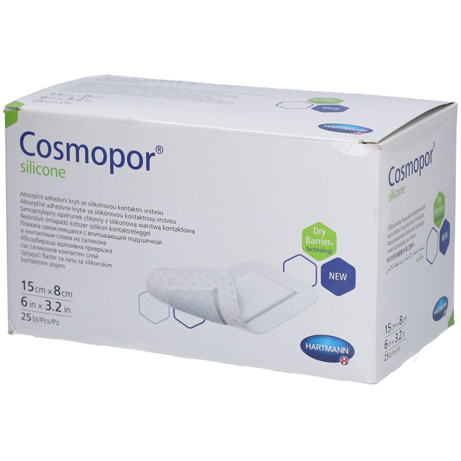 Verpackung Cosmopor Silikon Wundauflage 15x8cm, 25 Stück. Hartmann Logo.