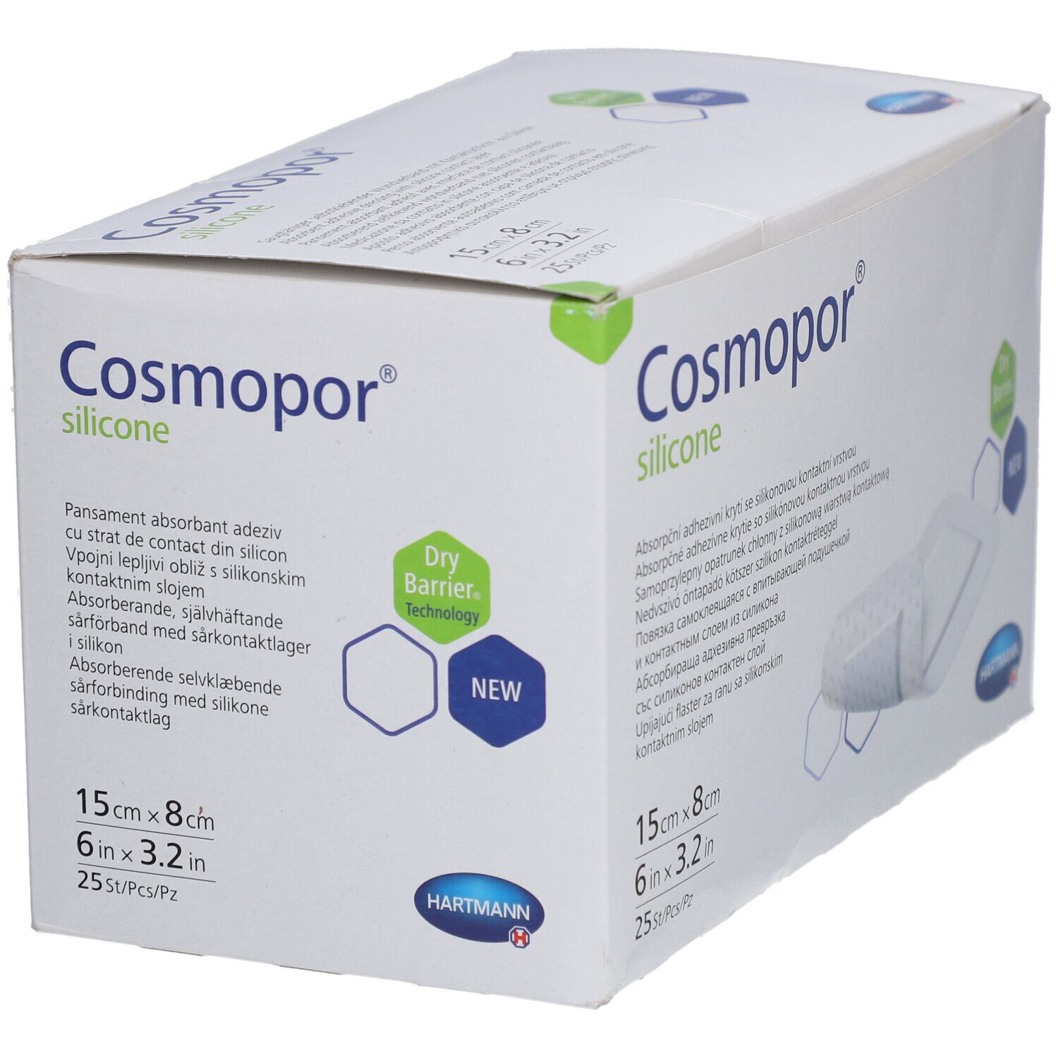 Verpackung Cosmopor Silikon Wundauflage 15x8cm, 25 Stück. Hartmann Logo.
