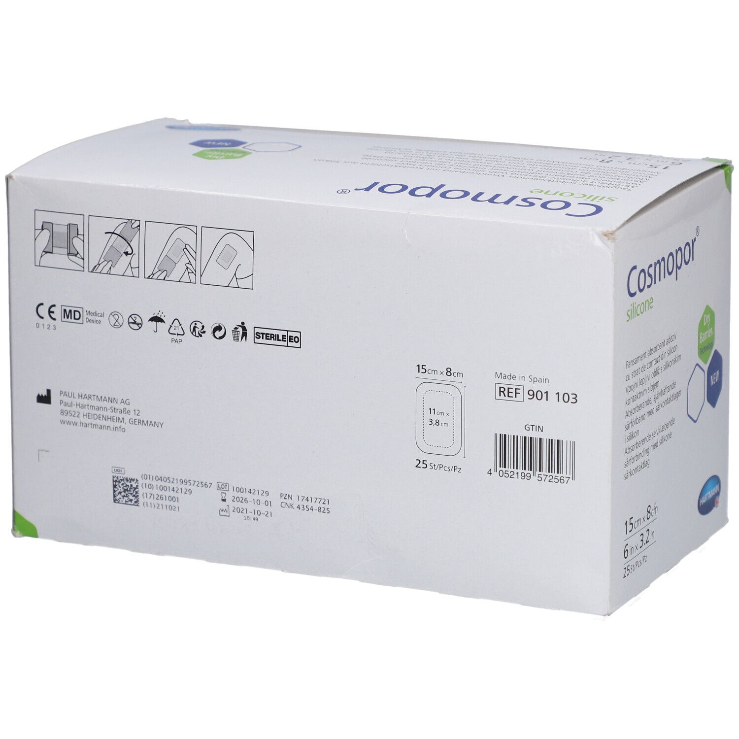 Rückseite Verpackung Cosmopor Silikon Wundauflage 15x8cm. CE-Kennzeichnung, MD-Symbol, Hartmann.