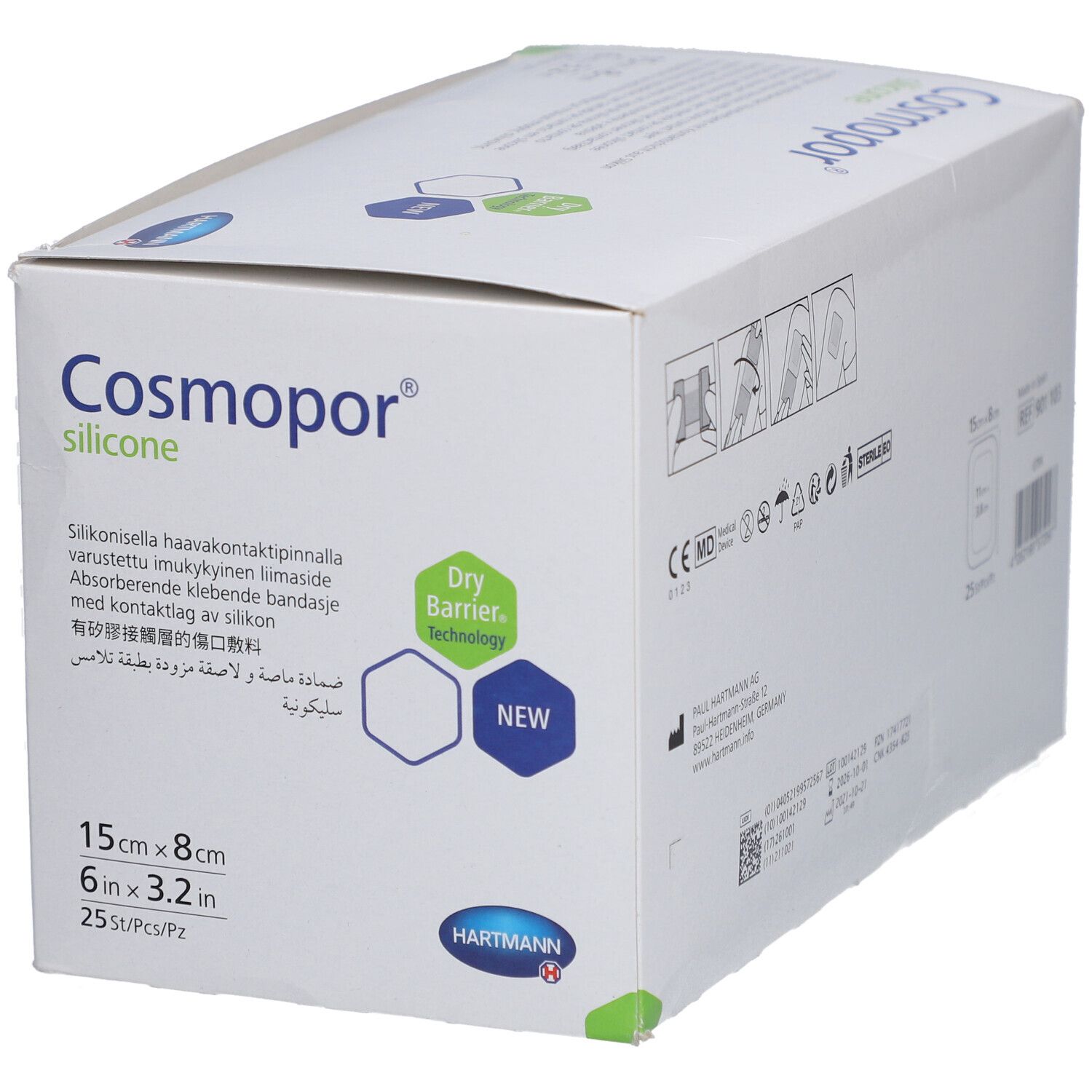 Verpackung Cosmopor Silikon Wundauflage 15x8cm, 25 Stück. Hartmann Logo.