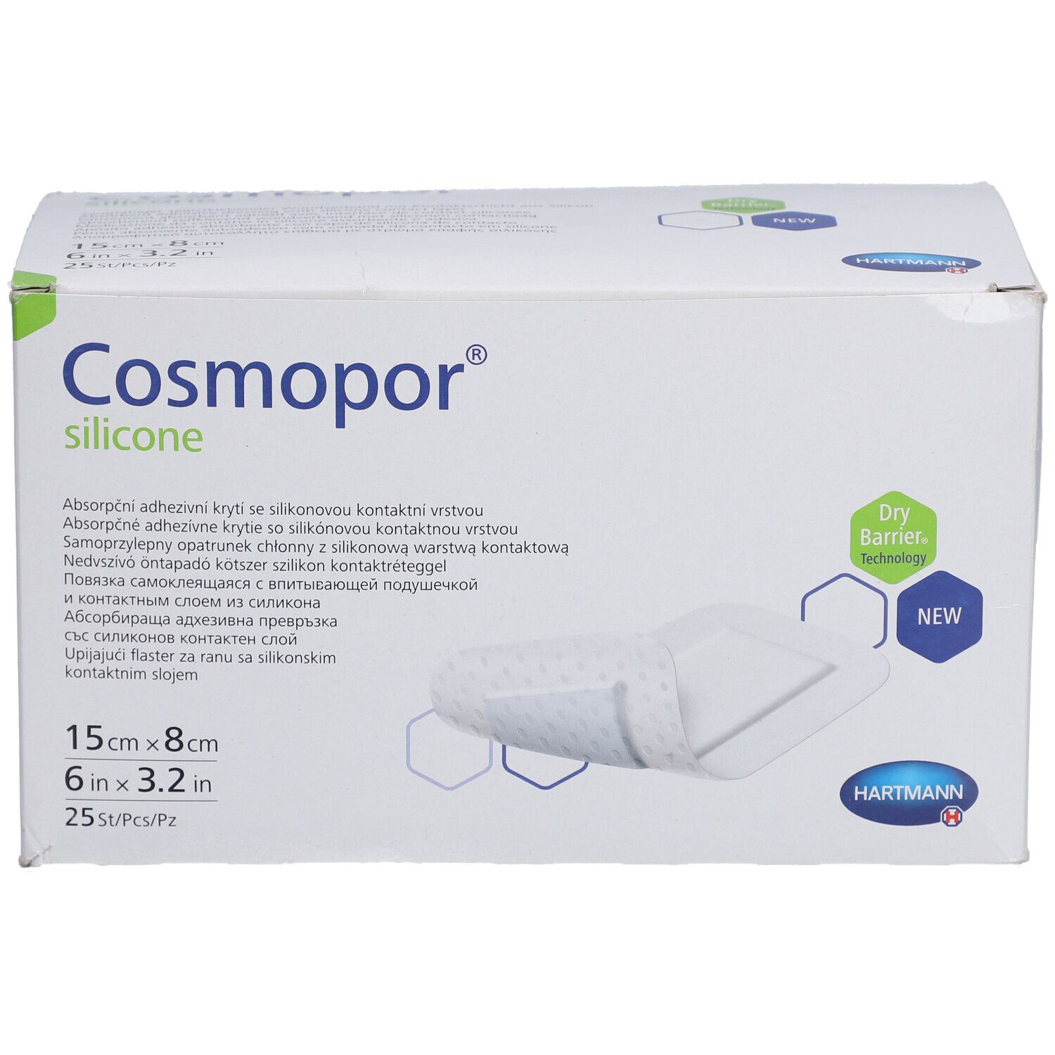 Verpackung Cosmopor Silikon Wundauflage 15x8cm, 25 Stück. Hartmann Logo.