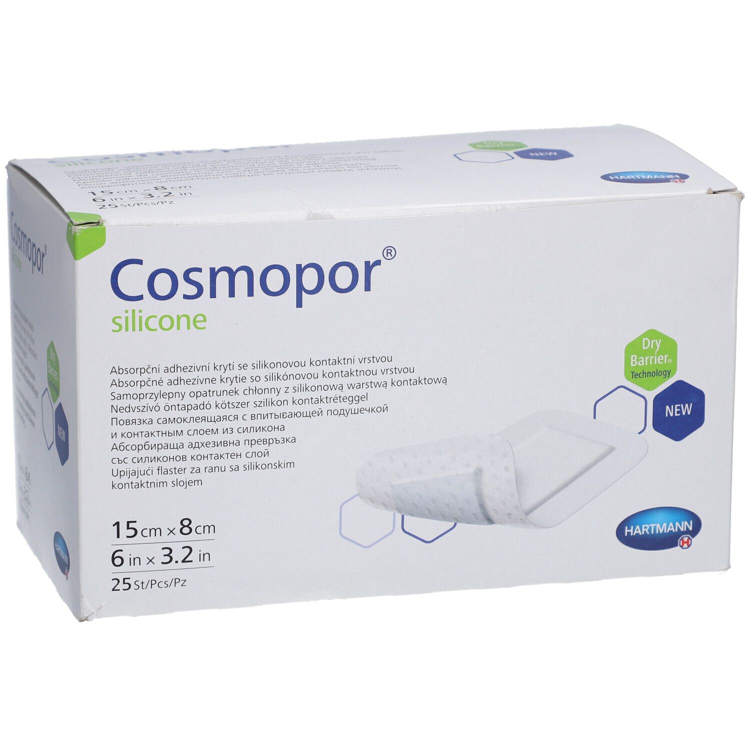 Verpackung Cosmopor Silikon Wundauflage 15x8cm, 25 Stück. Hartmann Logo.