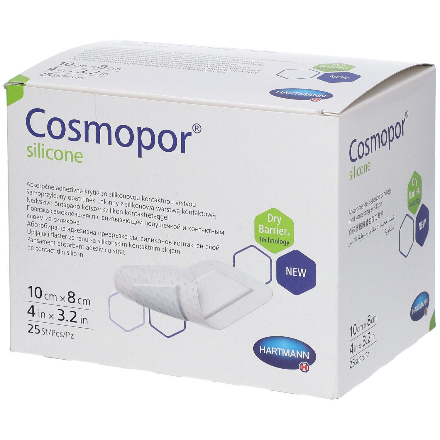Verpackung Cosmopor silicone Wundauflage, 10x8cm, 25 Stück. Zeigt eine sterile Wundauflage mit Klebefläche.