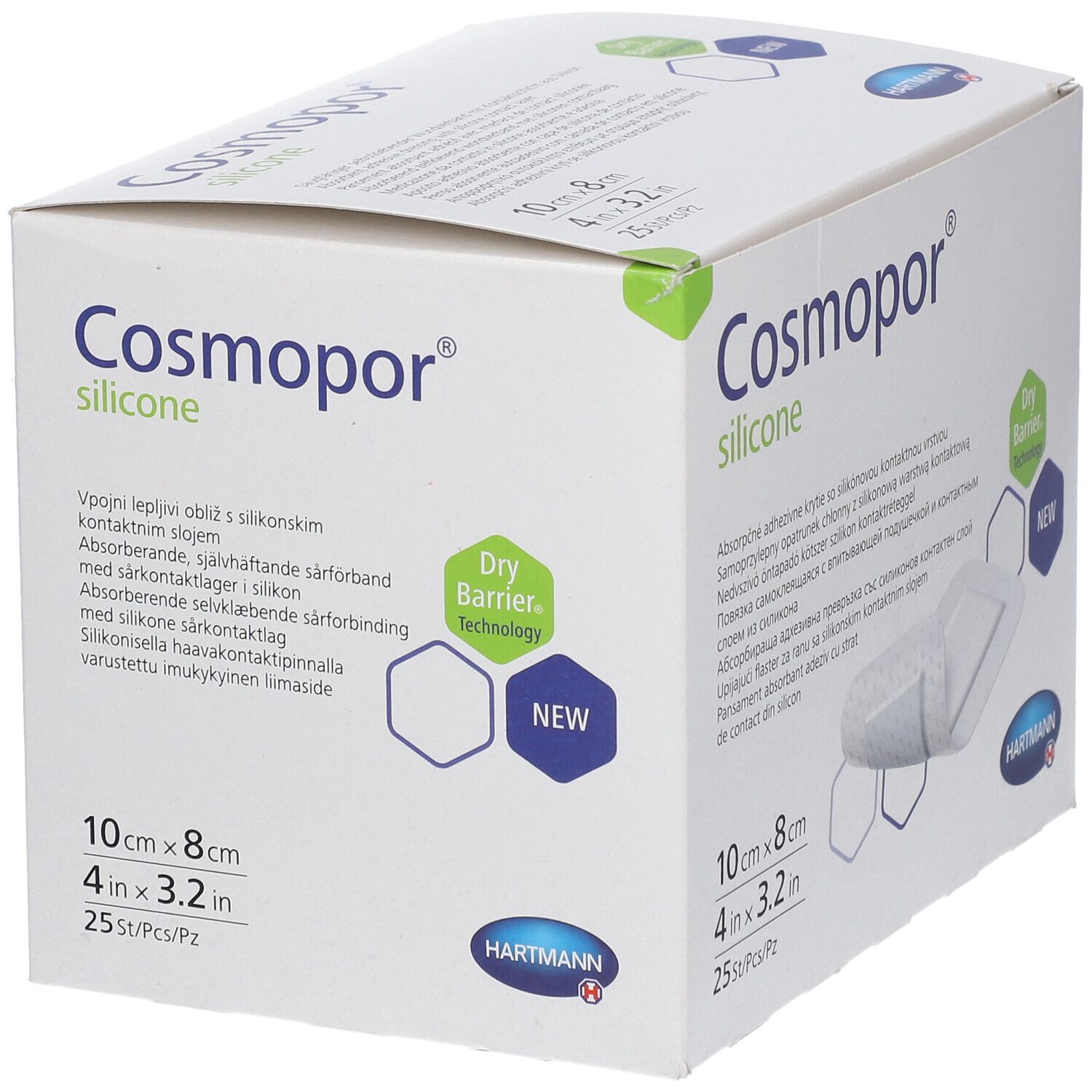 Verpackung Cosmopor silicone Wundauflage, 10x8cm, 25 Stück. Zeigt eine sterile Wundauflage mit Klebefläche.