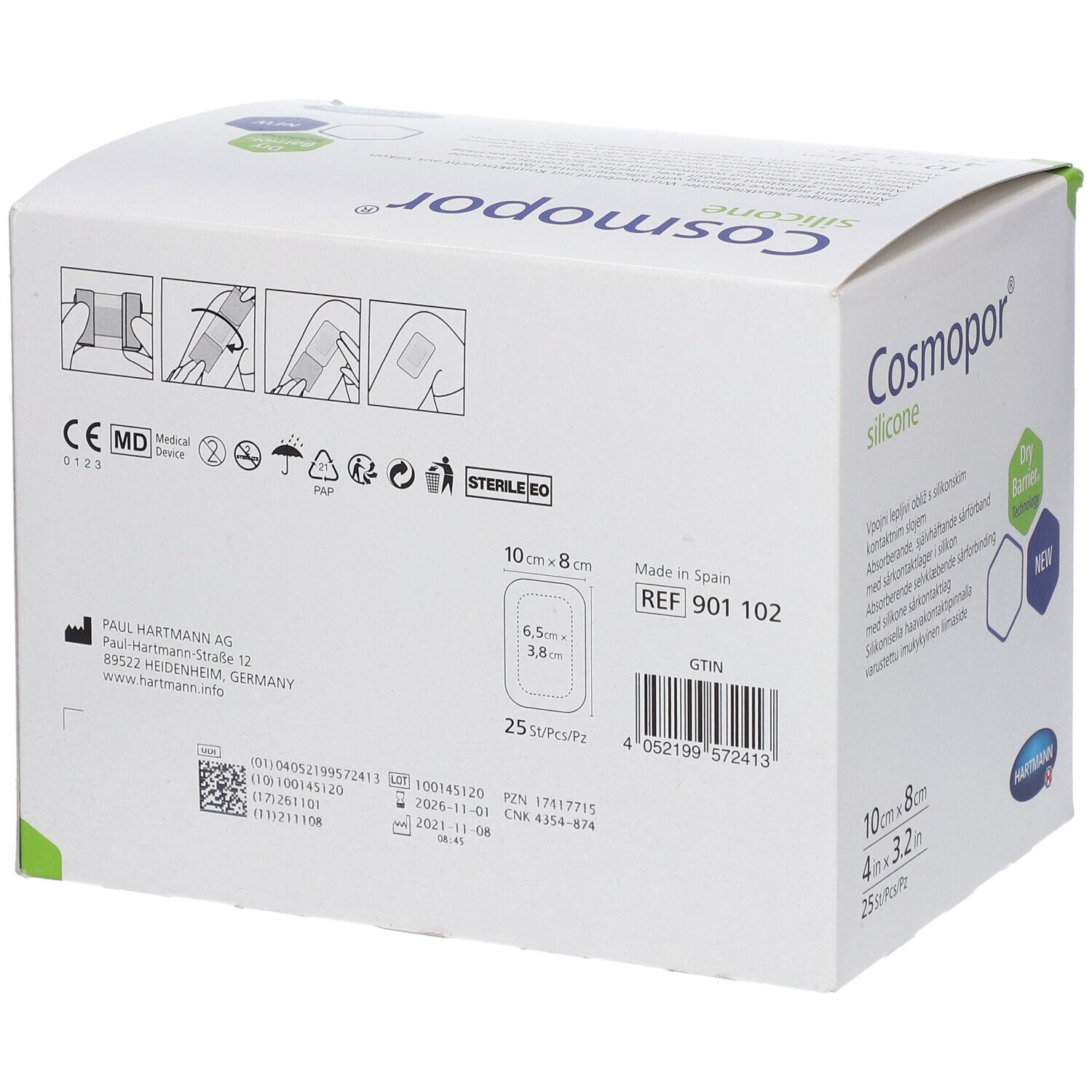 Rückseite der Verpackung Cosmopor silicone Wundauflage. Enthält Anwendungshinweise und Produktinformationen.