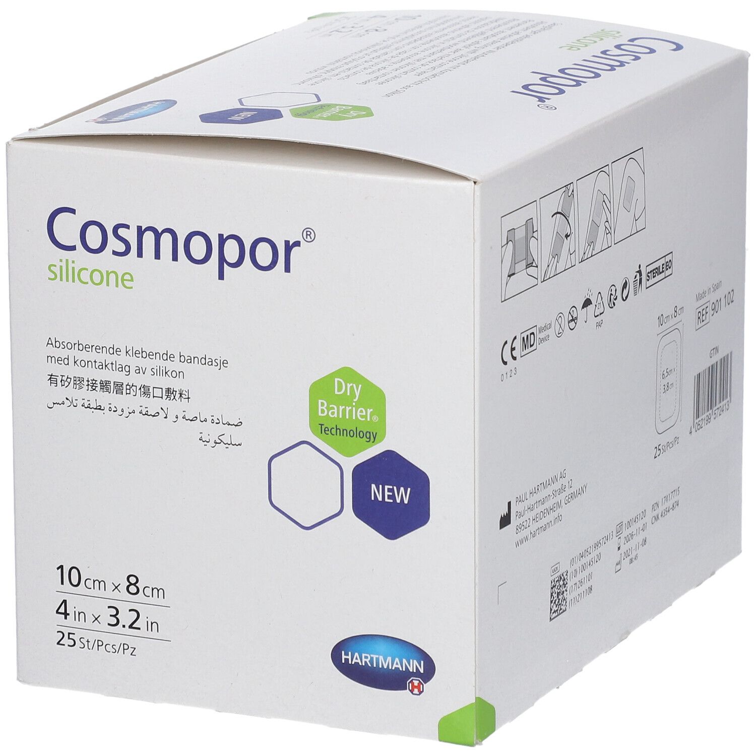 Verpackung Cosmopor silicone Wundauflage, 10x8cm, 25 Stück. Zeigt eine sterile Wundauflage mit Klebefläche.