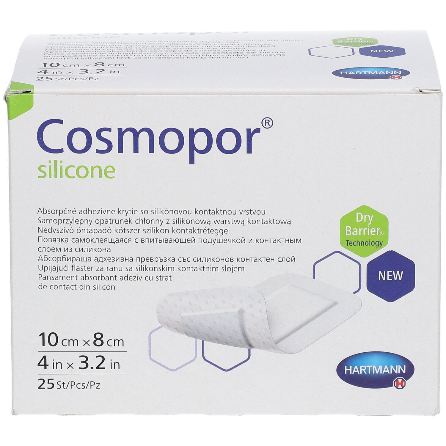 Verpackung Cosmopor silicone Wundauflage, 10x8cm, 25 Stück. Zeigt eine sterile Wundauflage mit Klebefläche.