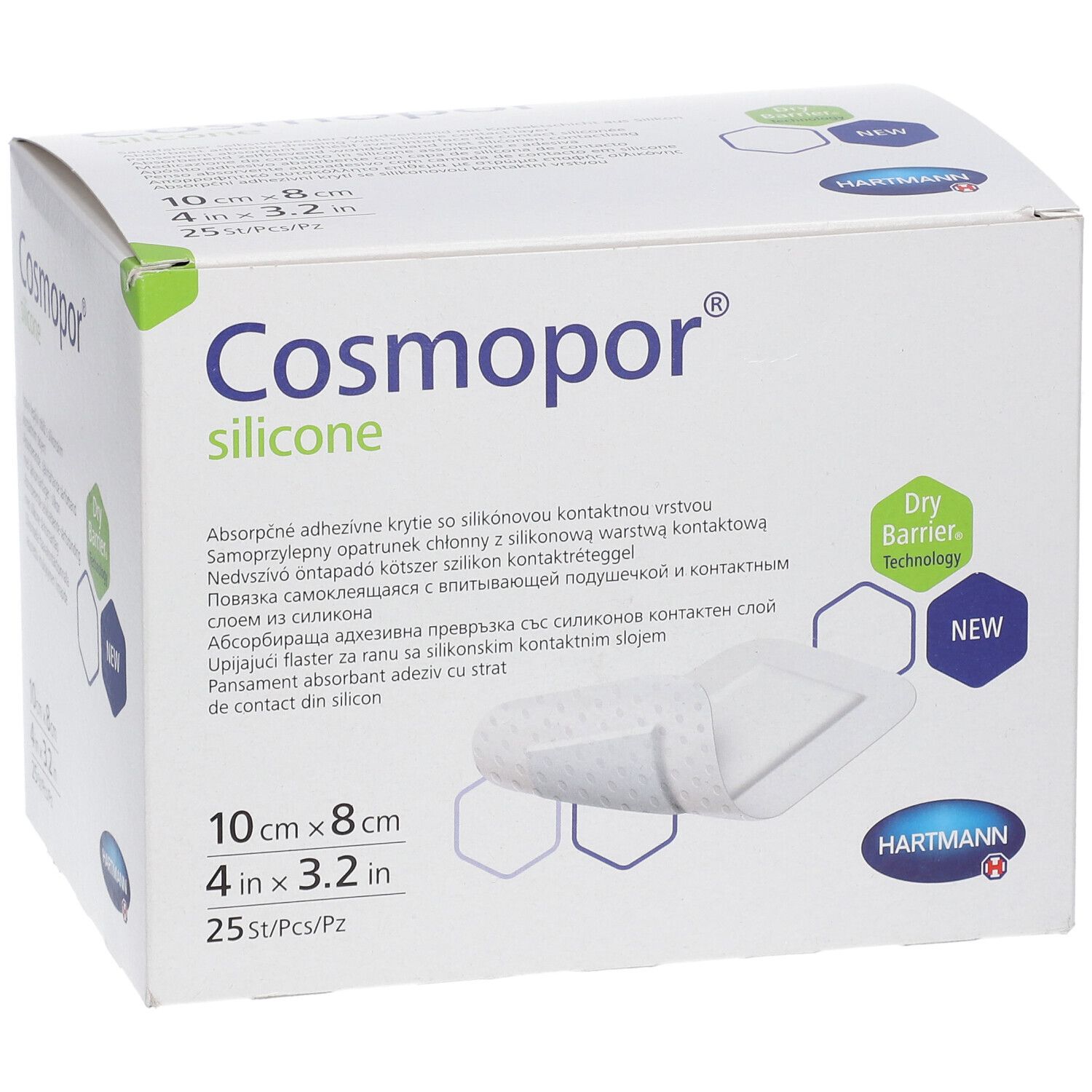 Verpackung Cosmopor silicone Wundauflage, 10x8cm, 25 Stück. Zeigt eine sterile Wundauflage mit Klebefläche.