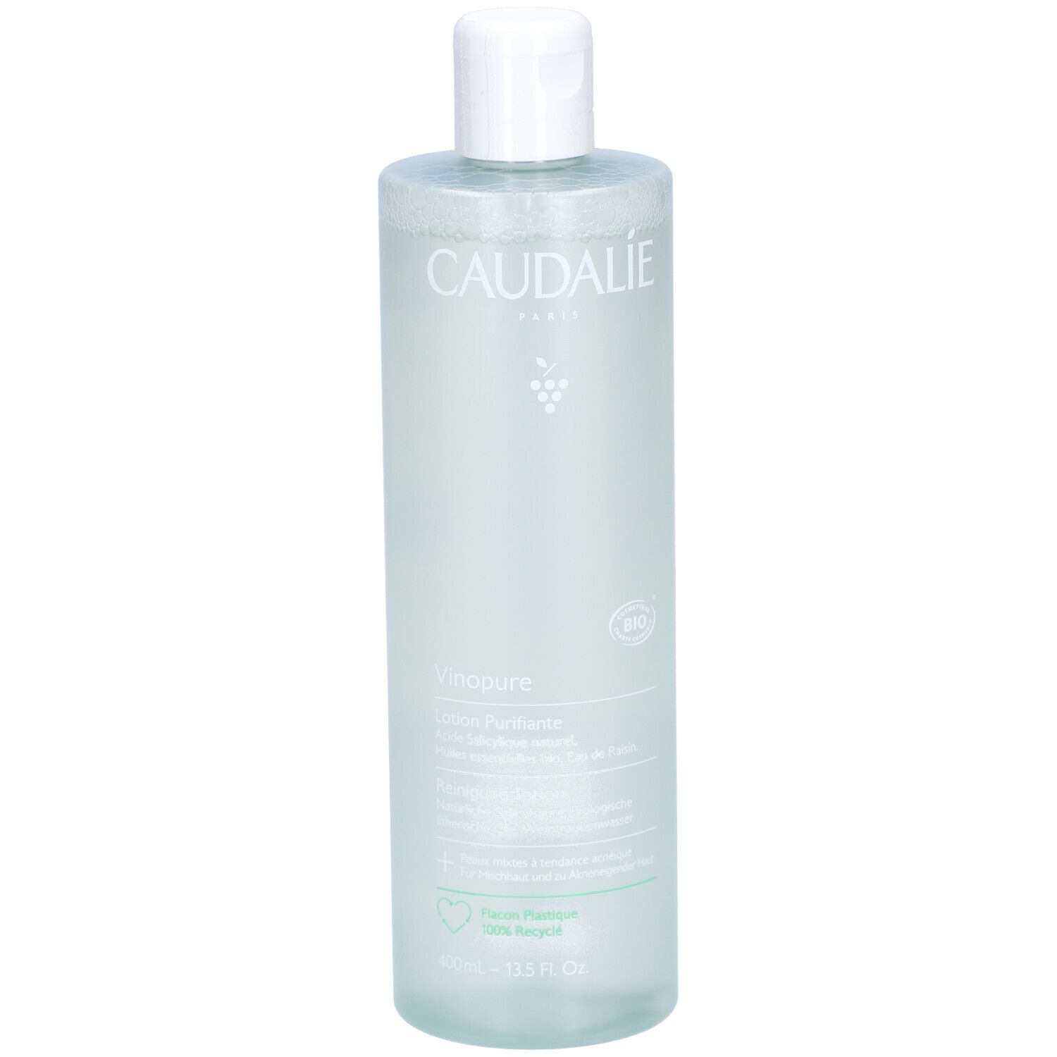Caudalie Vinopure Lotion Purifiante. Transparente Flasche mit weißem Deckel. Produktetikett mit Schriftzug und Logo.