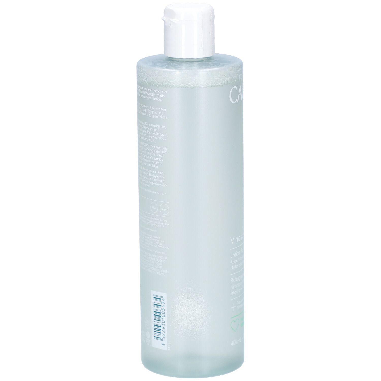 Caudalie Vinopure Lotion Purifiante. Rückansicht der Flasche. Etikett mit Text. Weißer Deckel.