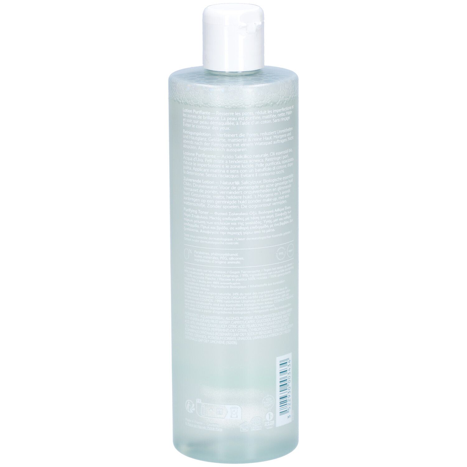 Caudalie Vinopure Lotion Purifiante. Rückansicht der Flasche. Etikett mit Text. Weißer Deckel.