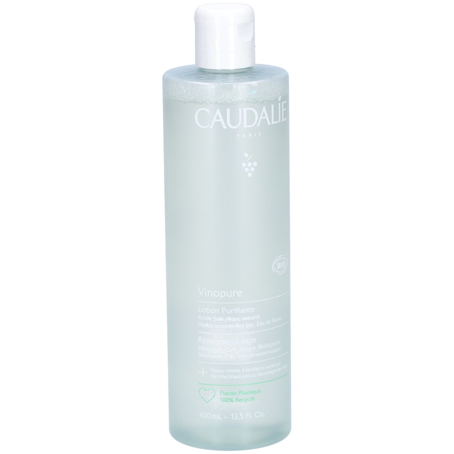 Caudalie Vinopure Lotion Purifiante. Transparente Flasche mit weißem Deckel. Produktetikett mit Schriftzug und Logo.