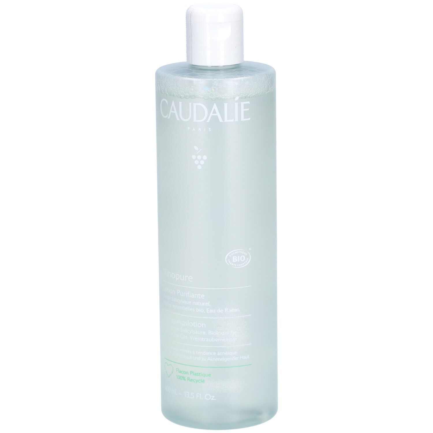 Caudalie Vinopure Lotion Purifiante. Transparente Flasche mit weißem Deckel. Produktetikett mit Schriftzug und Logo.
