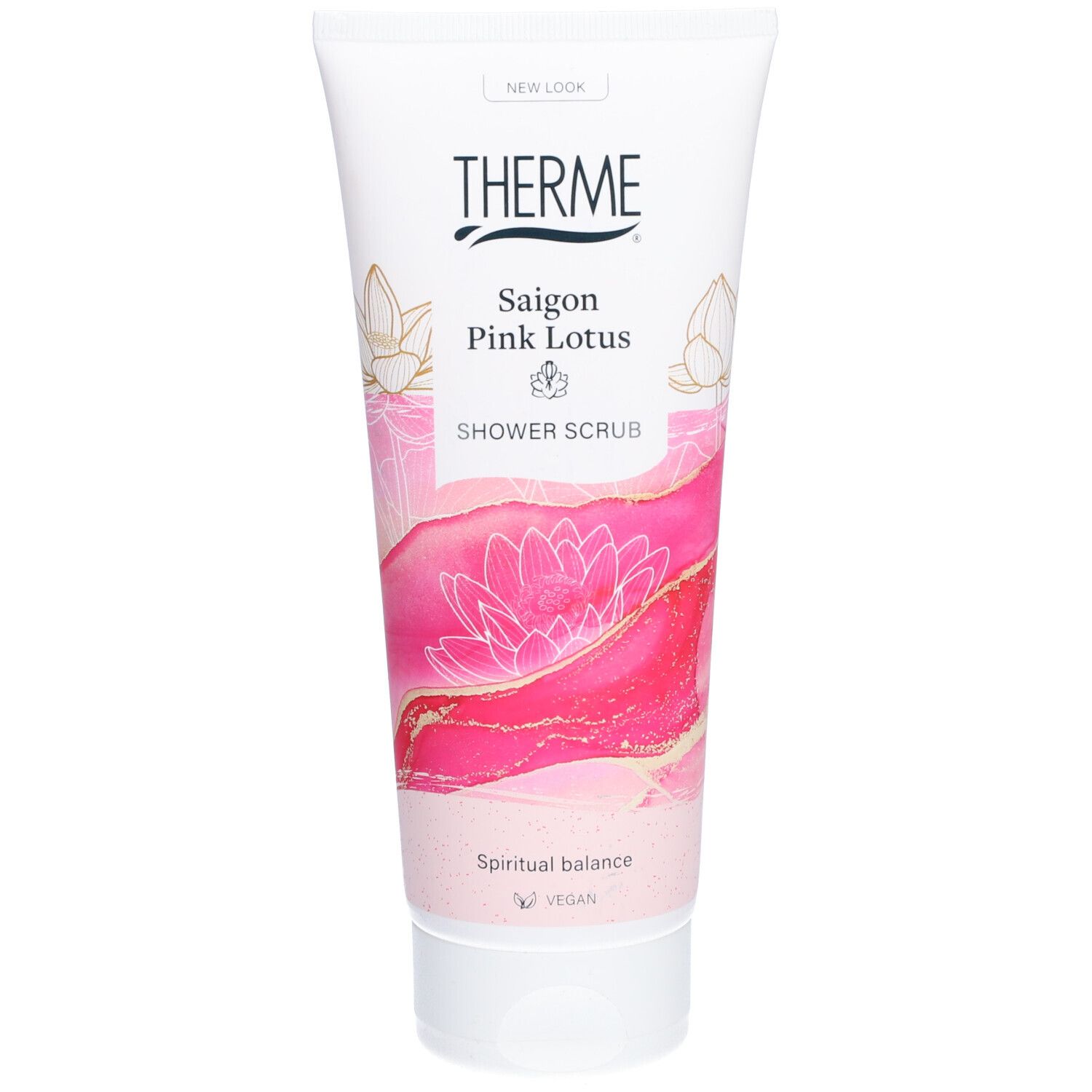 Weiß-rosa Tube mit THERME-Logo und "Saigon Pink Lotus" Schriftzug. Abbildung einer Lotusblüte. "Shower Scrub".
